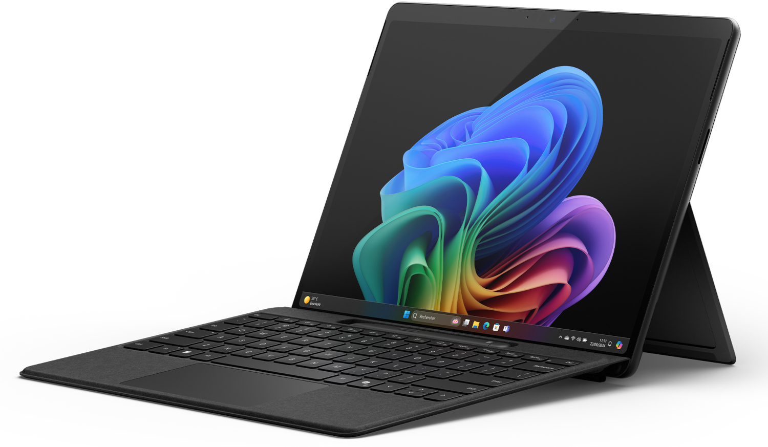 A black 2-in-1 device with keyboard and kickstand. The screen shows a colorful abstract image.