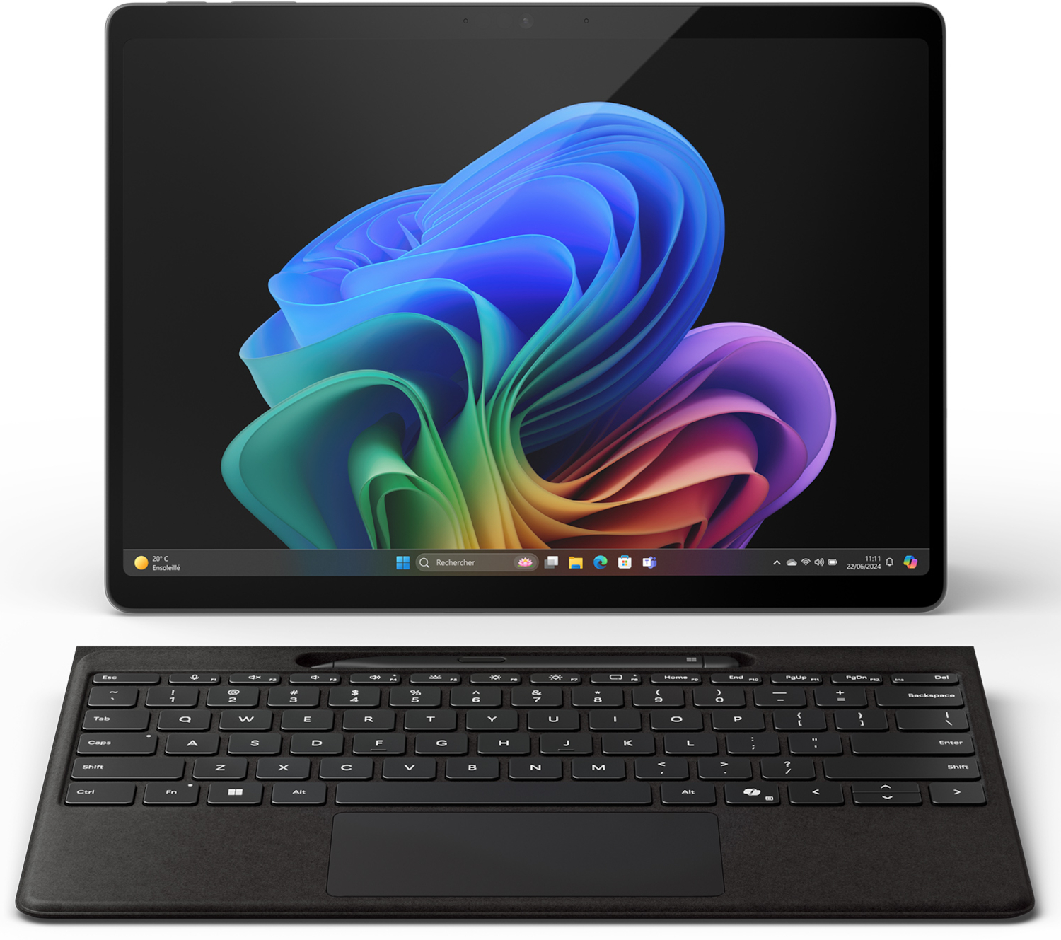 A black tablet with keyboard displaying a colorful background.