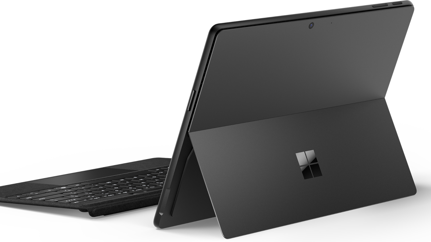A black 2-in-1 tablet with an attached keyboard and a kickstand.
