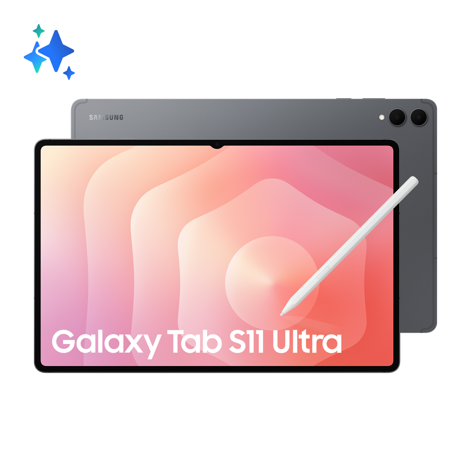 Samsung Galaxy Tab S11 Ultra tablet, pembe ve turuncu soyut arka plan üzerinde kalemli.