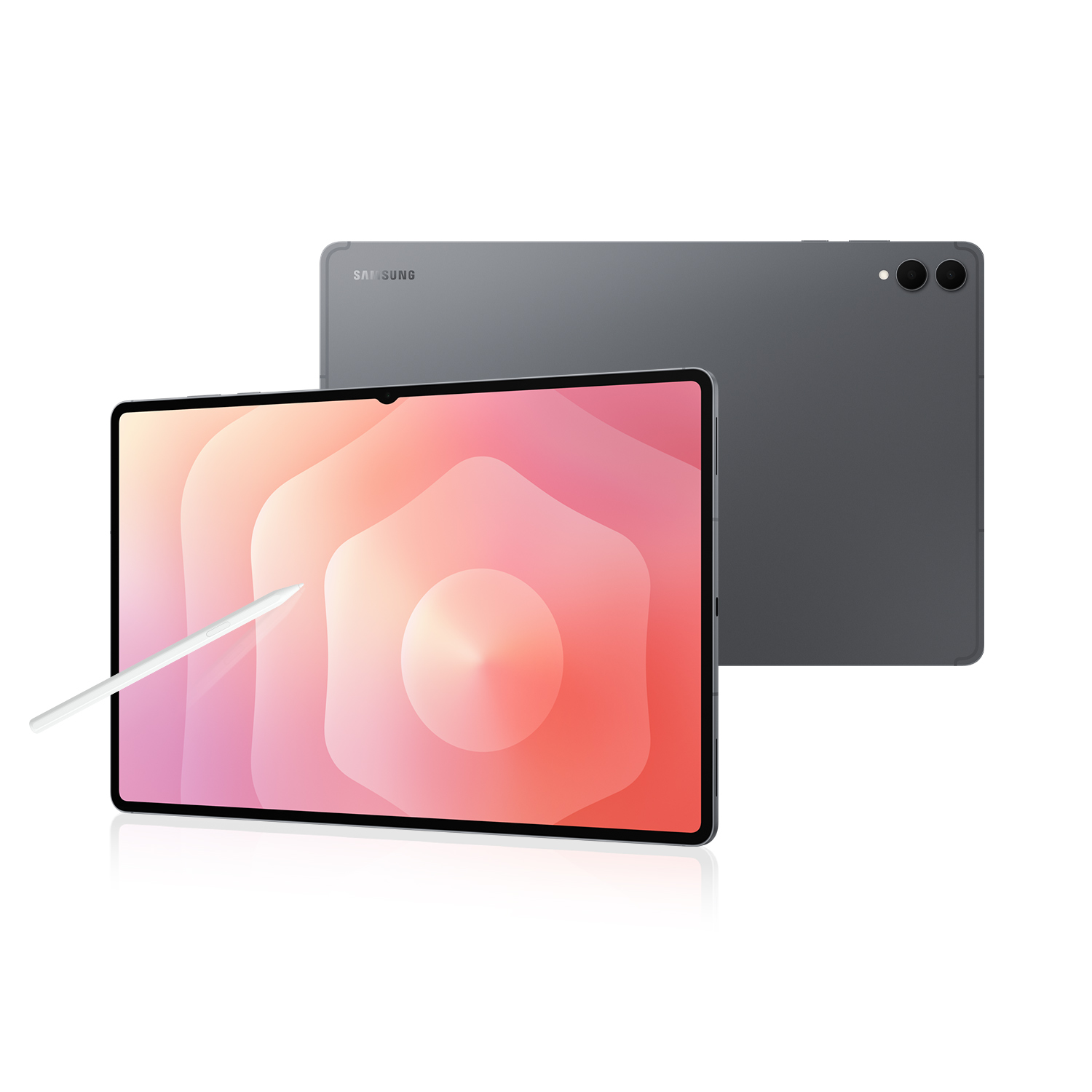 Renkli bir ekran gösteren, styluslu gri Samsung tablet.