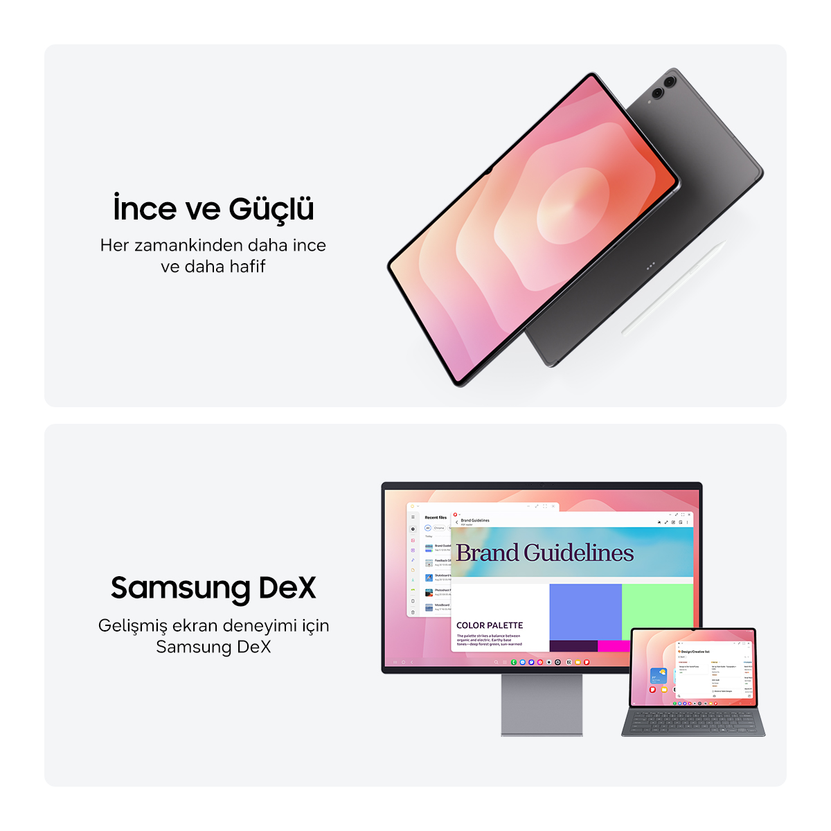 Pembe desenli şık bir tablet ve yanında başka bir tablet.