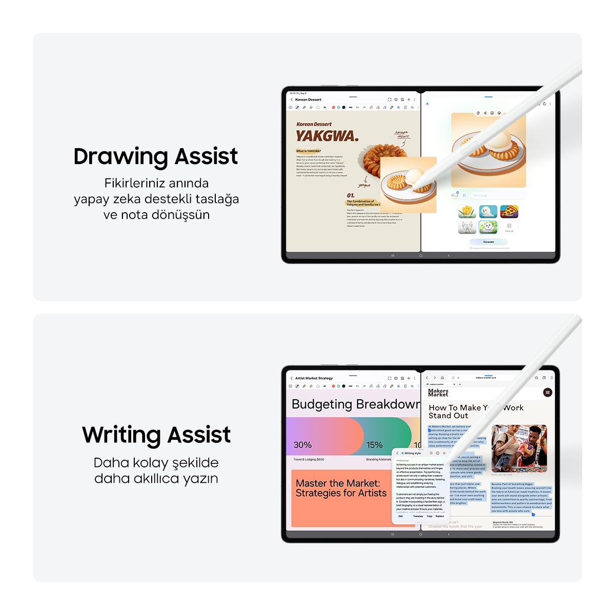 İki tablet, Kore tatlıları için çizim yardımı ve sanatçı bütçeleri için yazı yardımı gösteriyor.