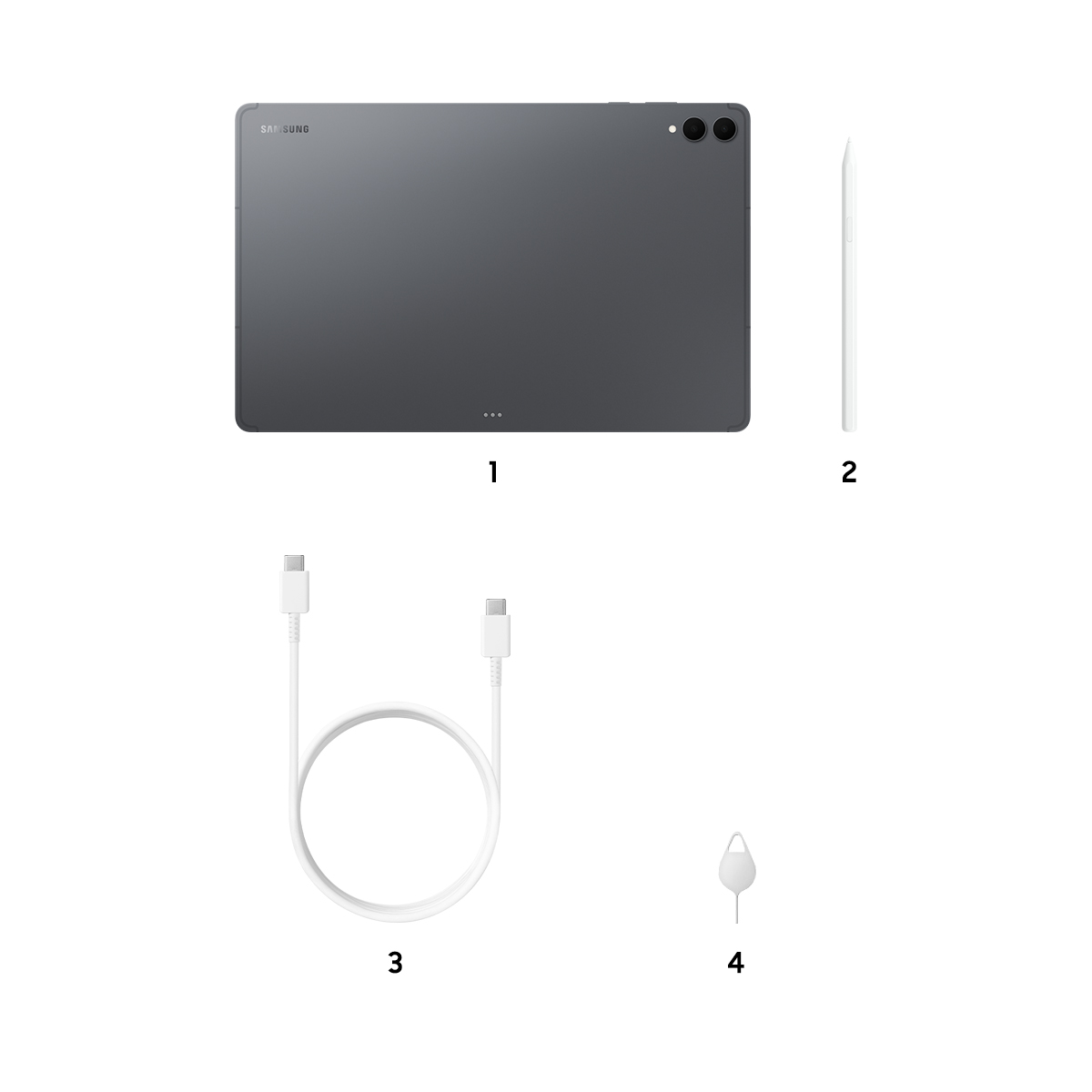 Gri tablet, kalem, kablo ve SIM aracıyla.
