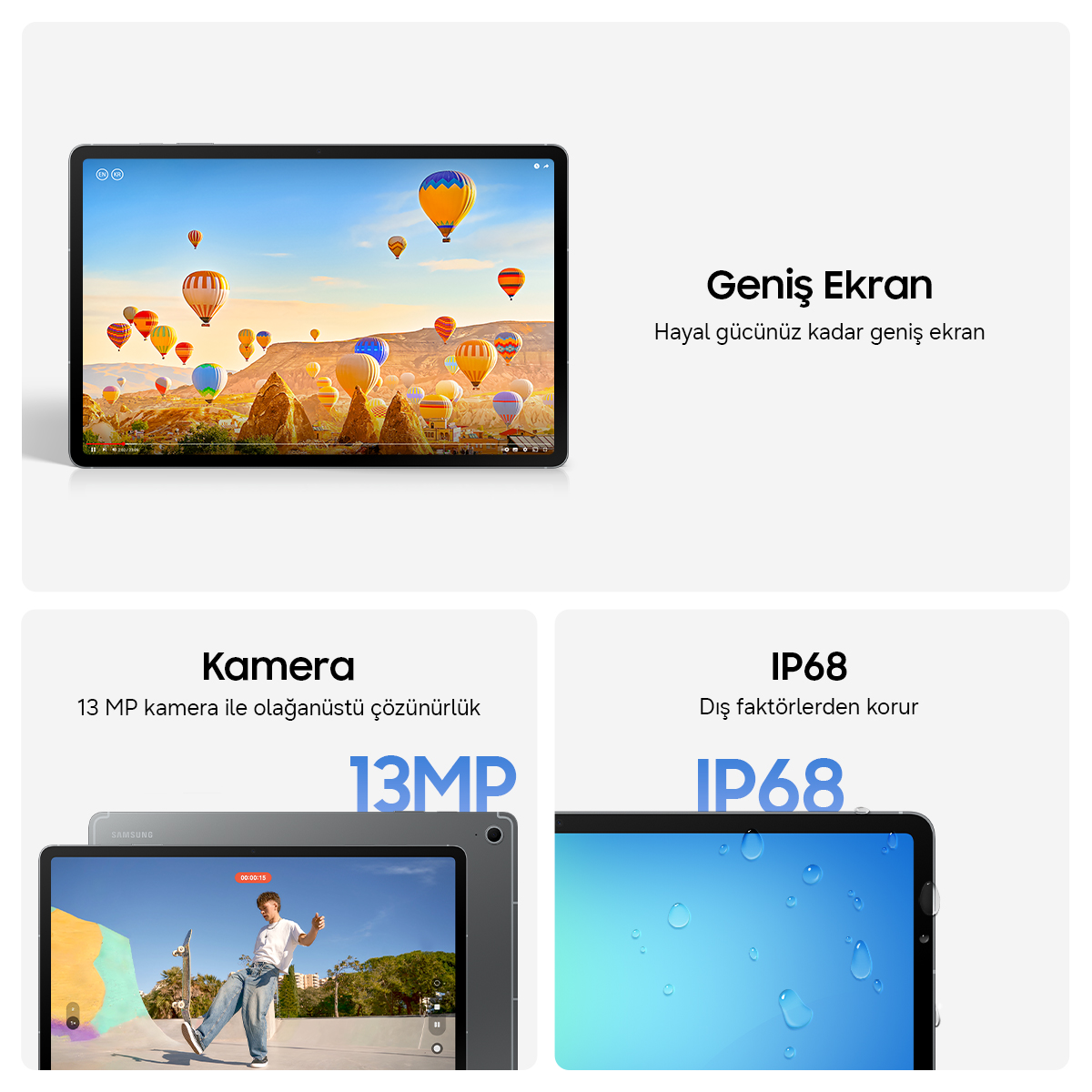 Tablet rengarenk sıcak hava balonlarıyla dolu bir gökyüzü gösteriyor. Altında kameralar ve IP68 koruması var.