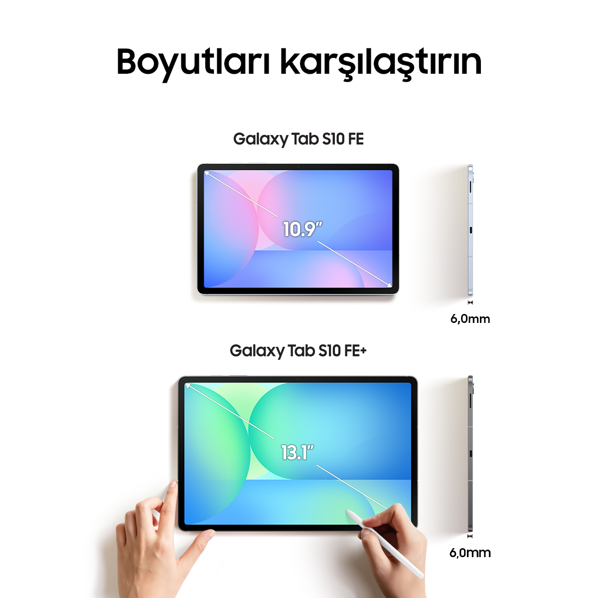 Tablet boyut karşılaştırması: 10,9 ve 13,1 inç, her ikisi de 6,0 mm kalınlığında.