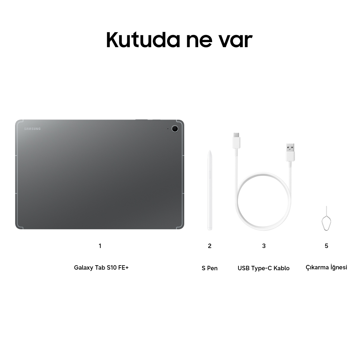 S Pen, USB-C kablosu ve SIM çıkarma iğnesi ile gri Samsung Galaxy Tab S10 FE+.
