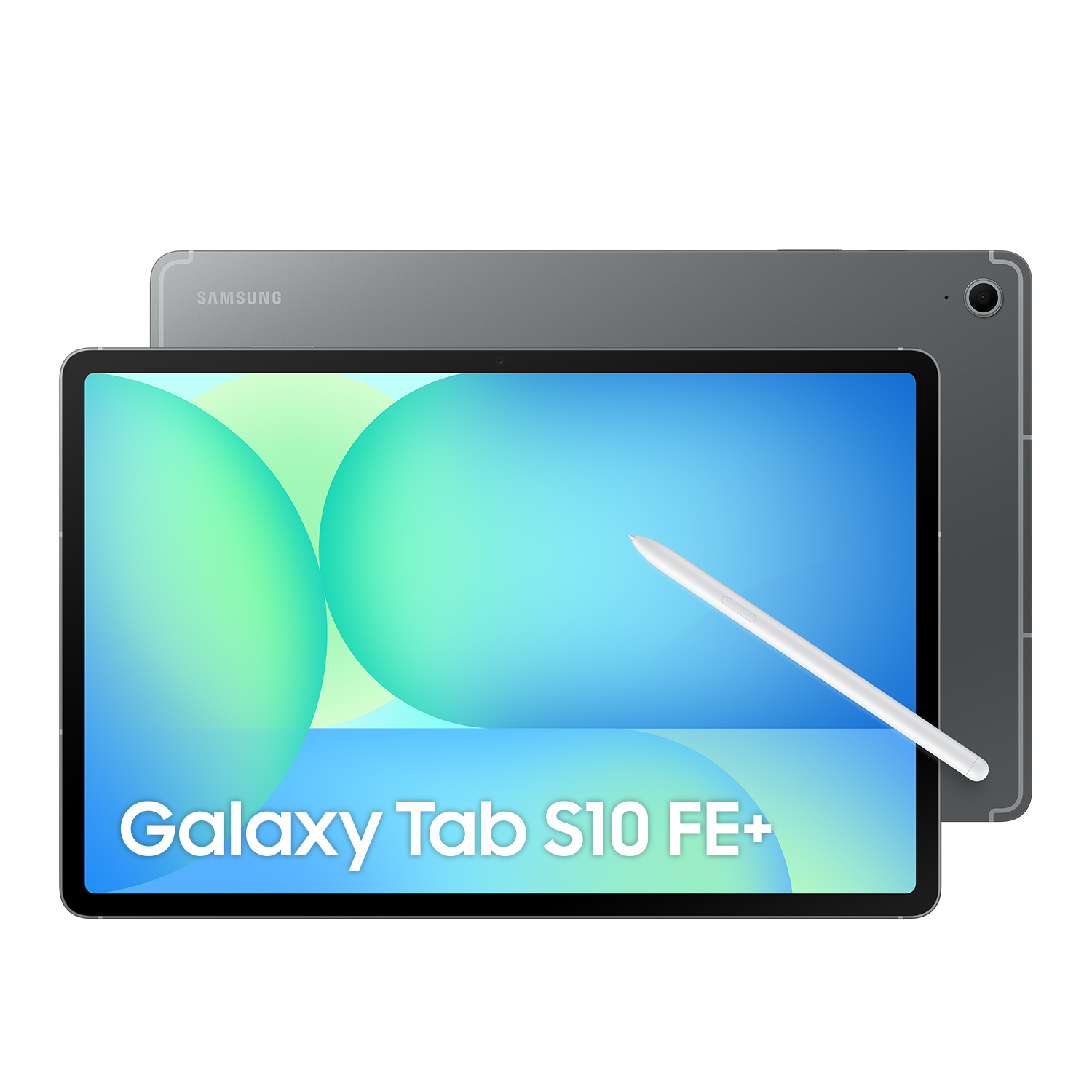 Ekranında kalem bulunan gri Samsung Galaxy Tab S10 FE+.