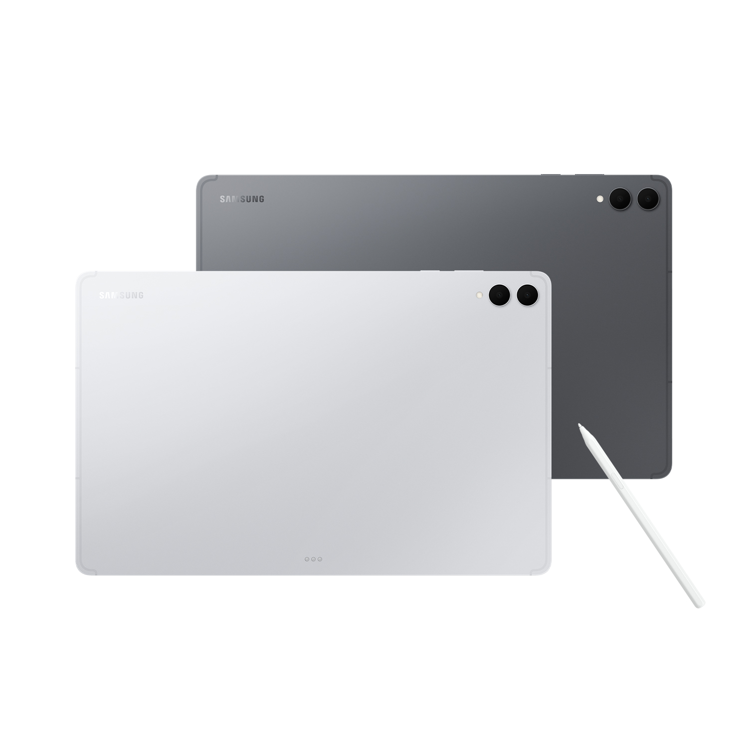 Beyaz ve gri Samsung tabletler, beyaz arka planda kalemle.