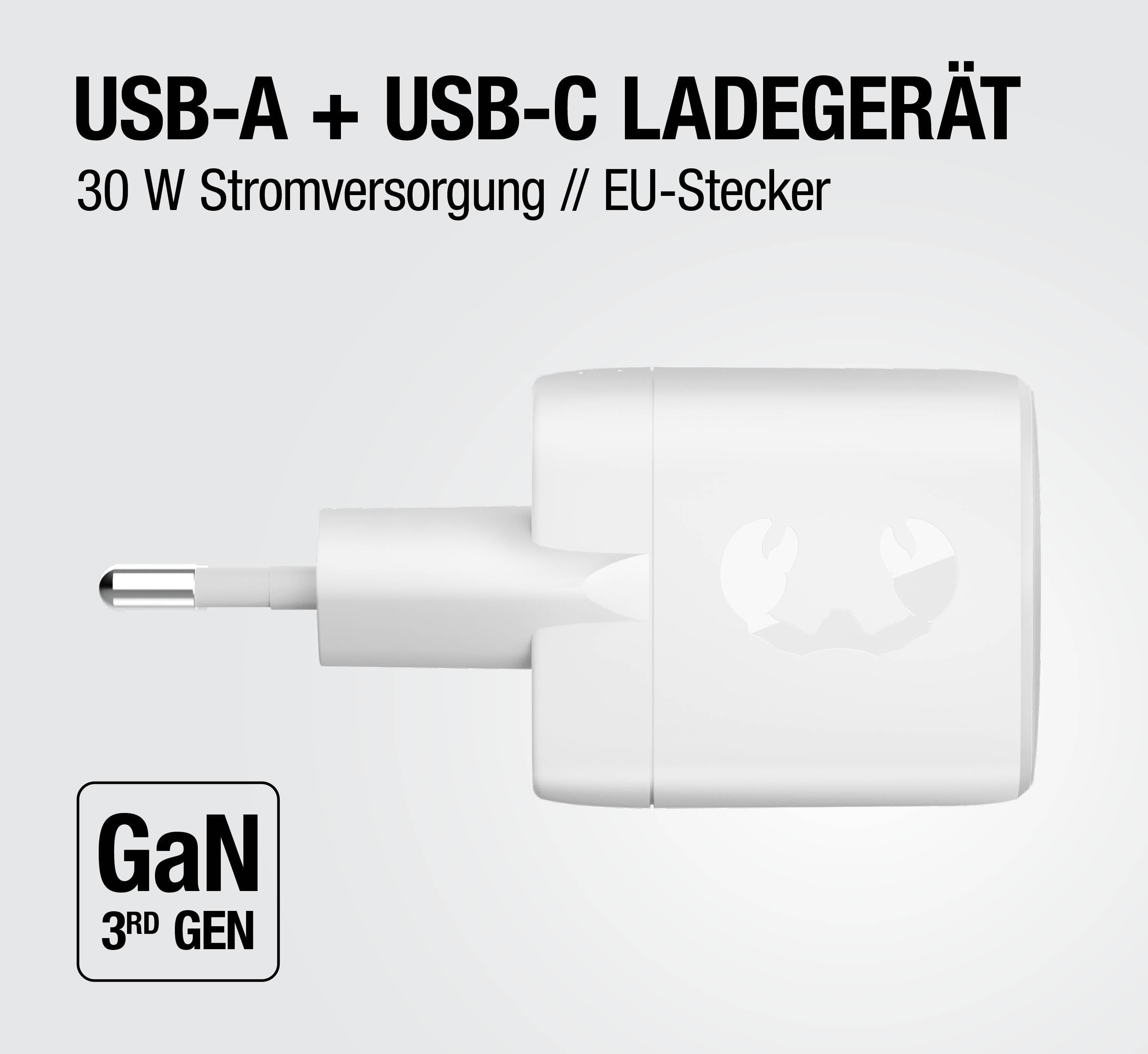Weißes USB-A + USB-C Ladegerät, 30W, EU-Stecker. GaN 3rd Gen Logo.