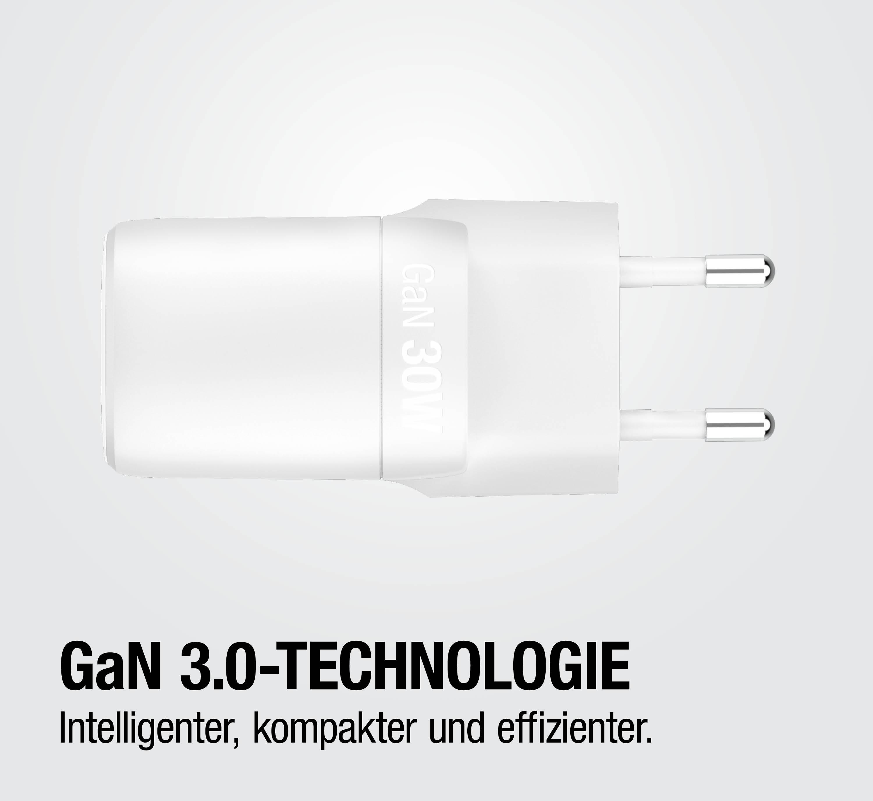 Ein weißer GaN 30W Ladestecker mit ausklappbaren Stiften auf grauem Hintergrund.