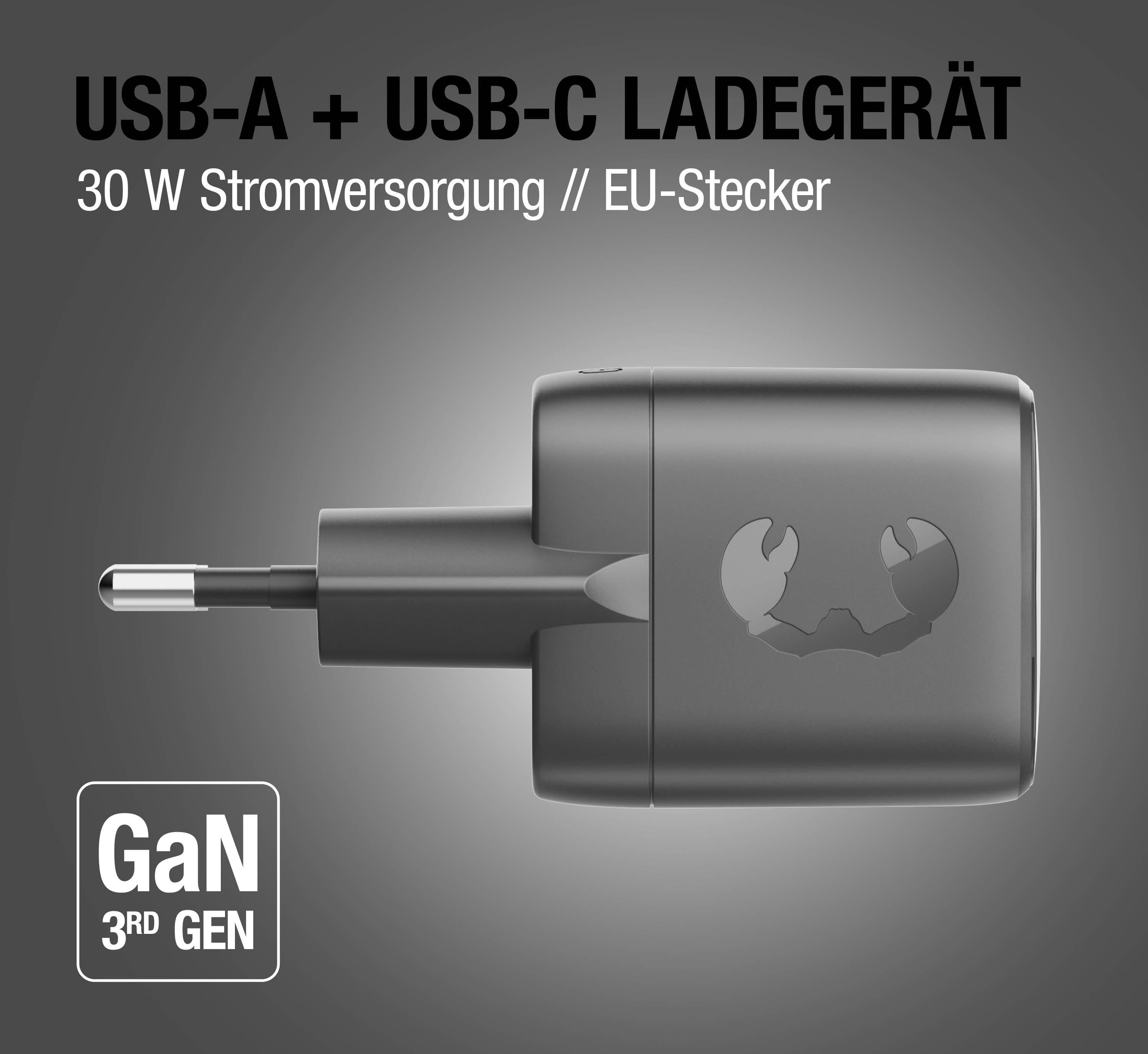 Grauer USB-A + USB-C Ladeadapter mit GaN 3rd Gen Technologie.