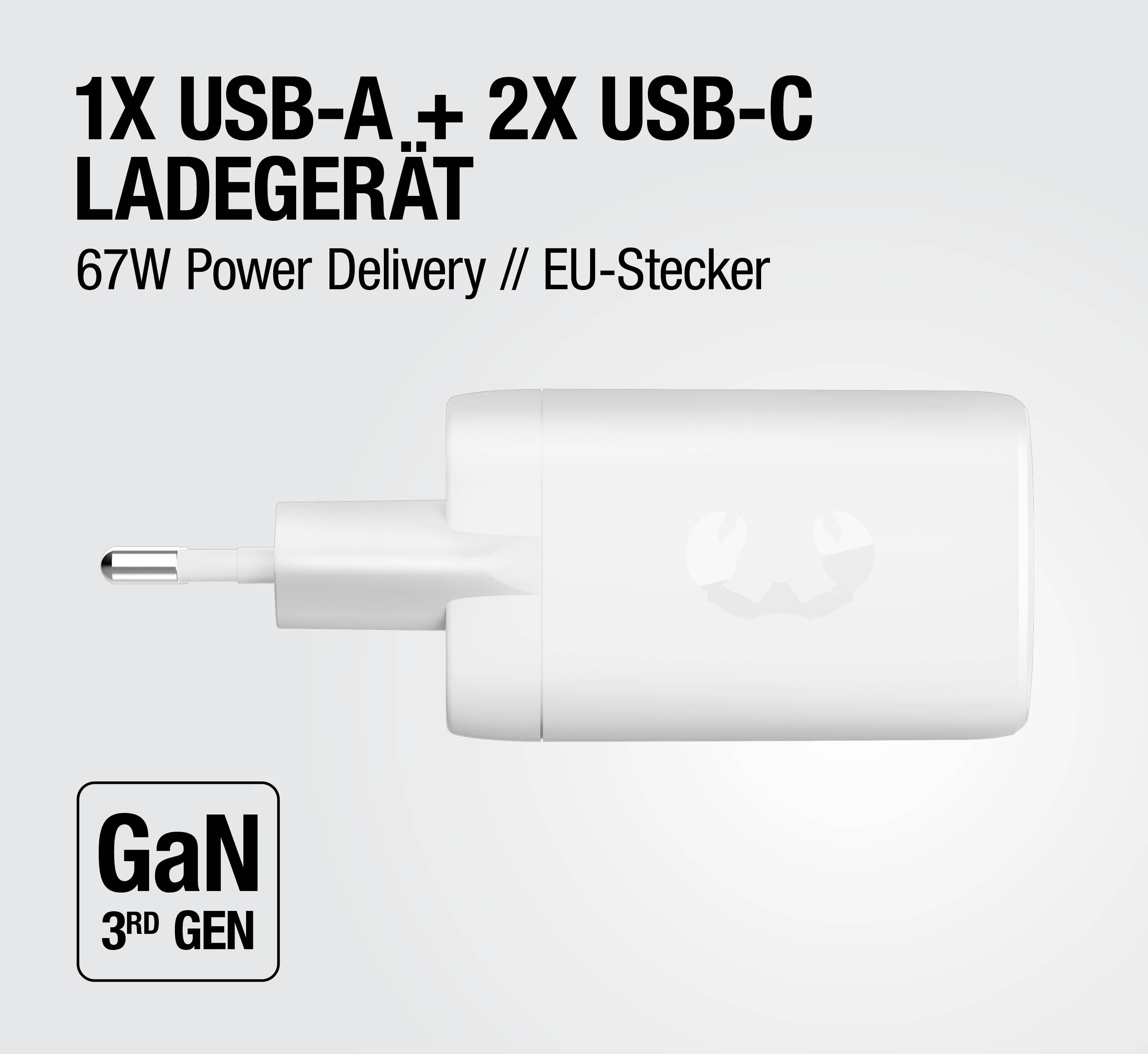 Weißes GaN-Ladegerät mit 1x USB-A, 2x USB-C, 67W PD, EU-Stecker.