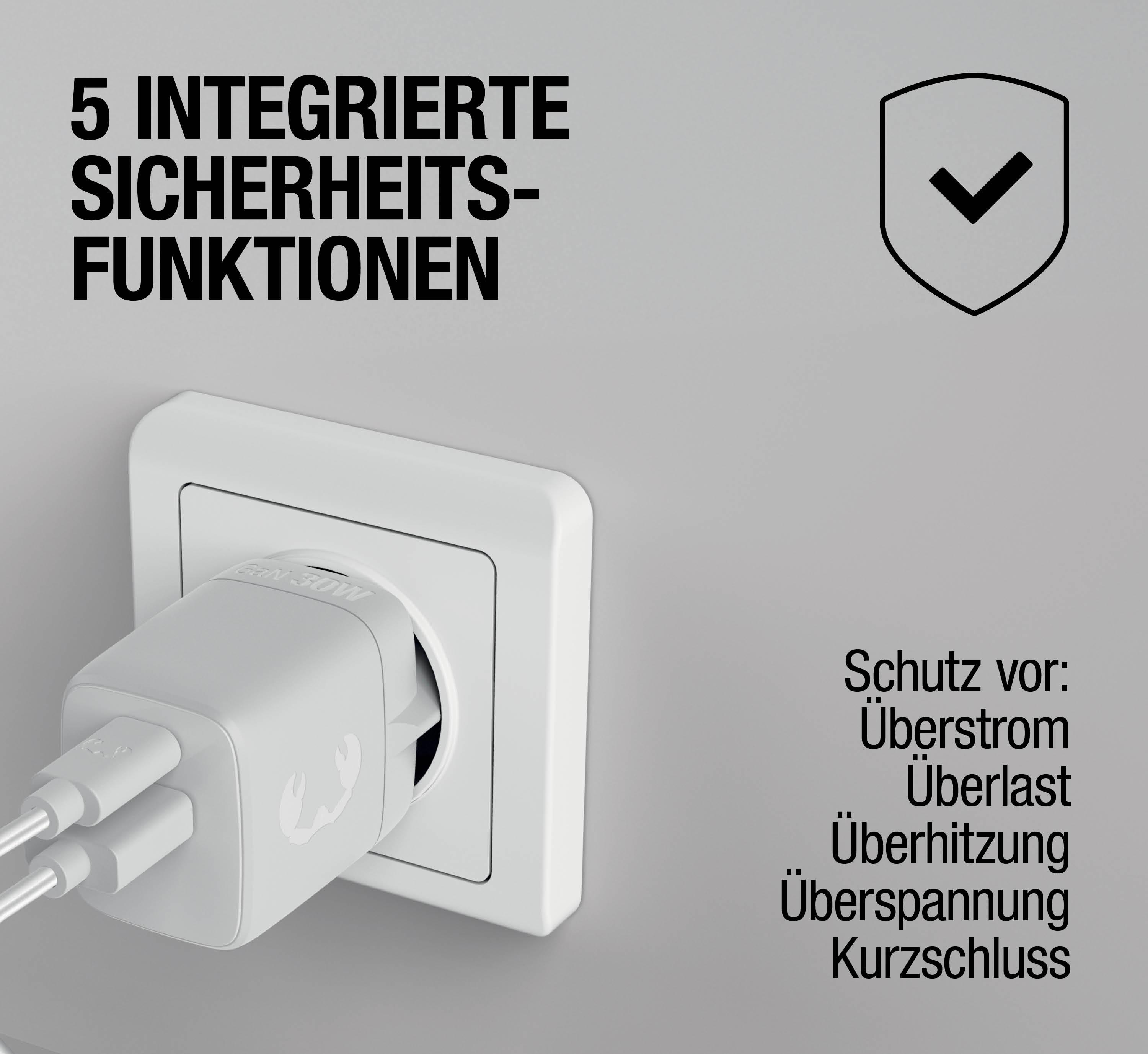 Ein weißer Ladestecker mit 5 integrierten Sicherheitsfunktionen.