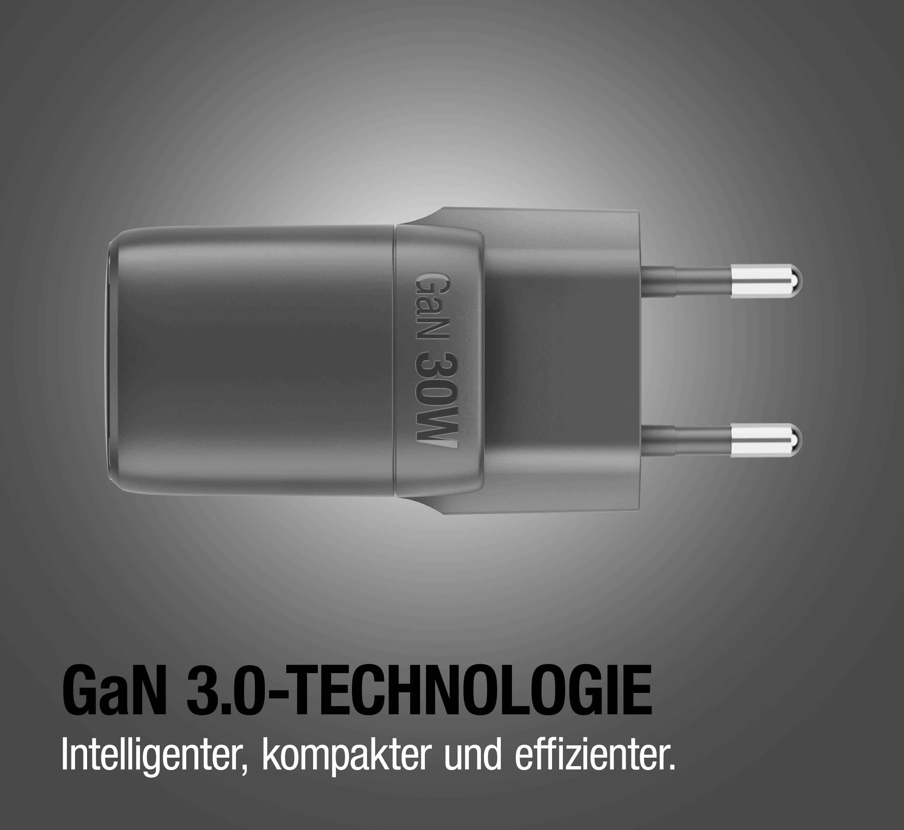 Ein grauer GaN 30W Ladestecker mit zwei Metallstiften auf grauem Hintergrund.