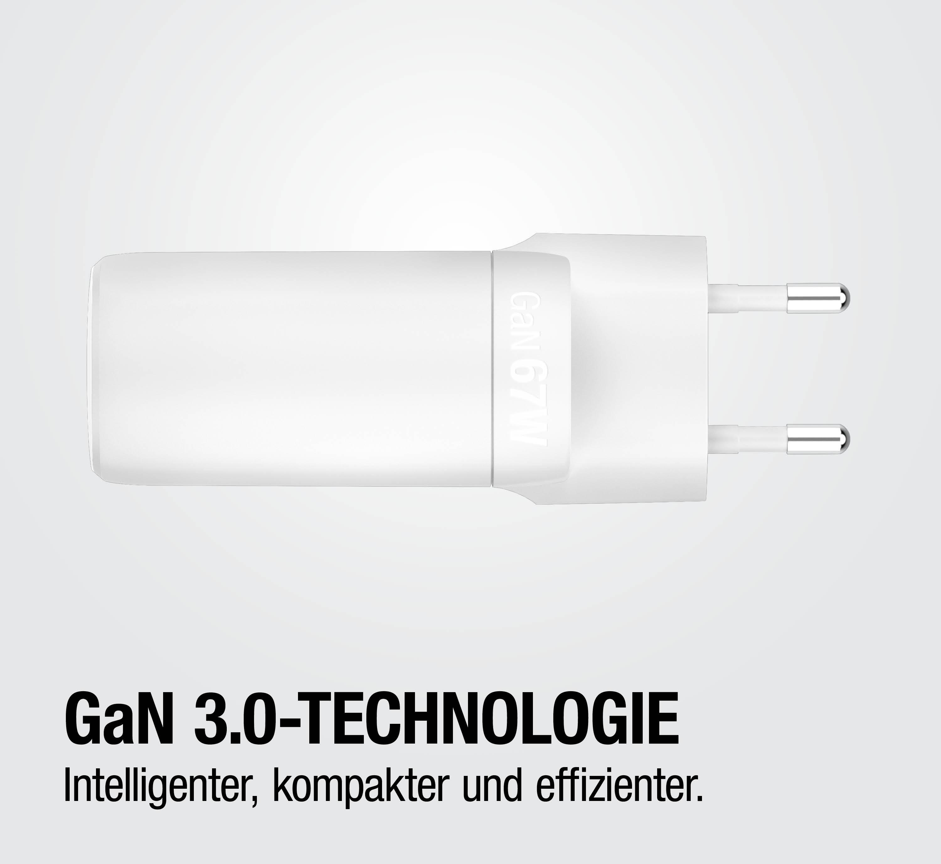 Ein weißer GaN 67W USB-C-Ladegerät mit zwei Stiften.
