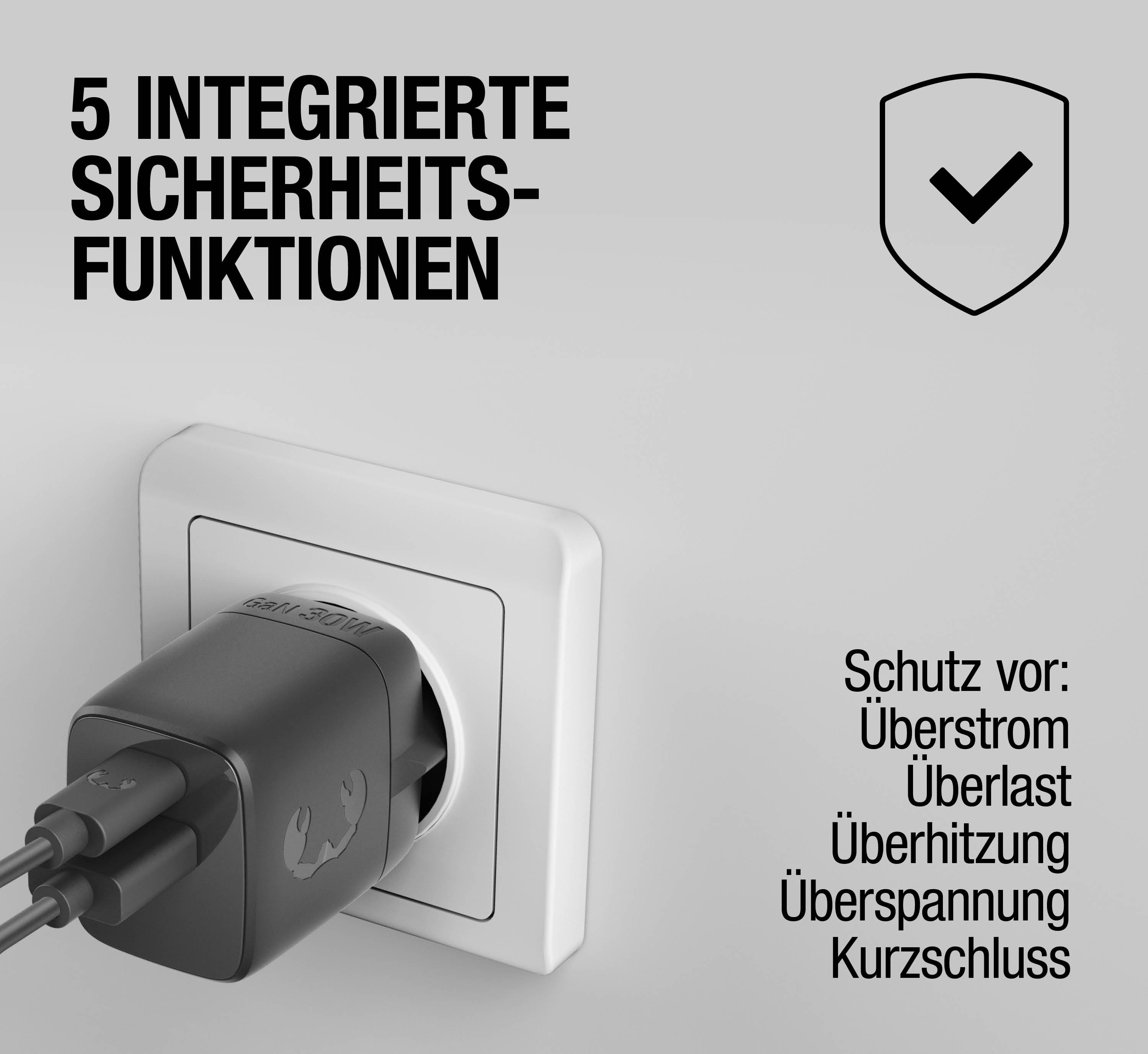 Schwarzes Netzteil mit Kabeln in Steckdose. Text: 5 integrierte Sicherheitsfunktionen.