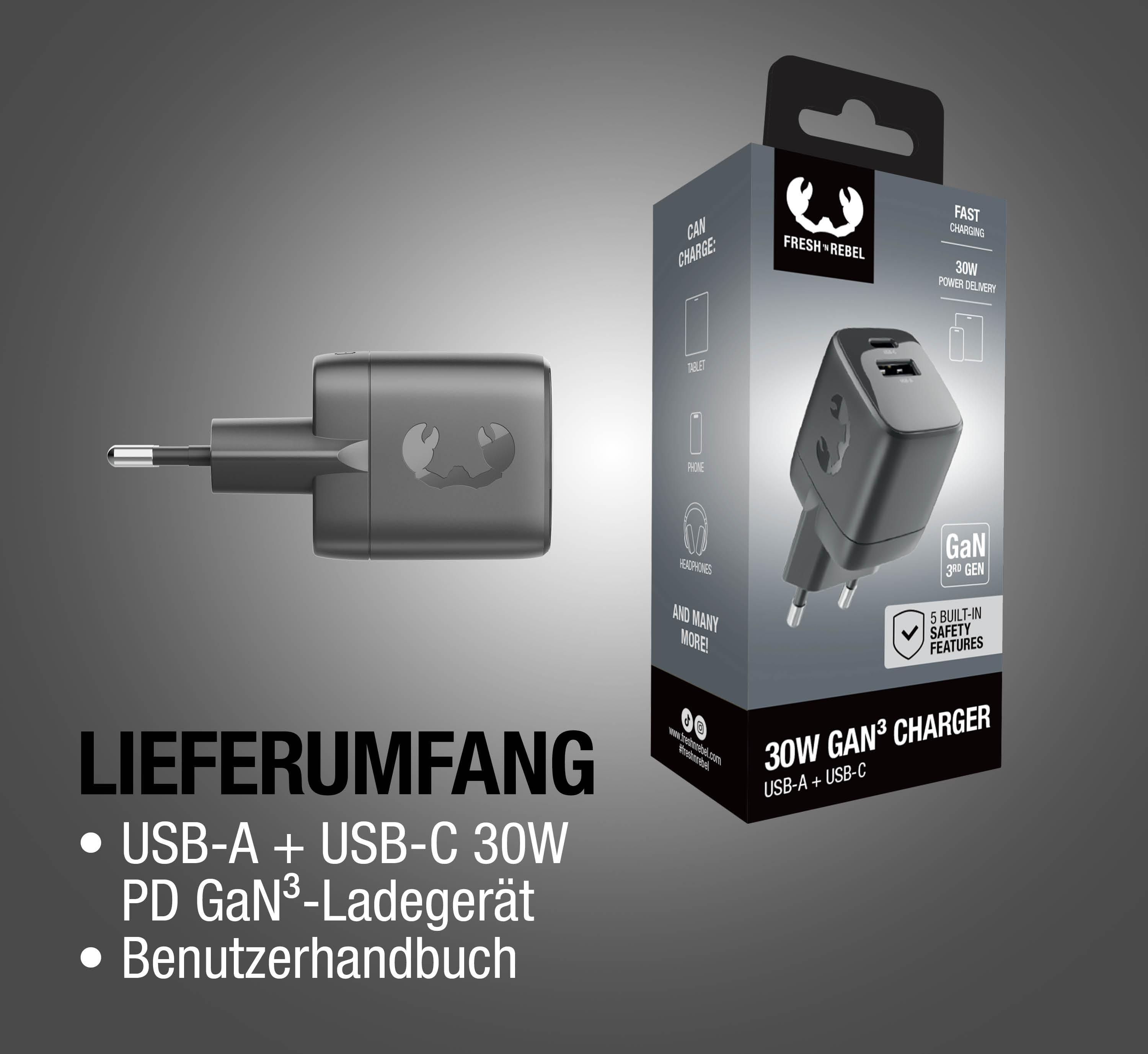 Schwarzes Ladegerät mit USB-A/USB-C, GaN 3rd Gen, 30W, mit Verpackung.
