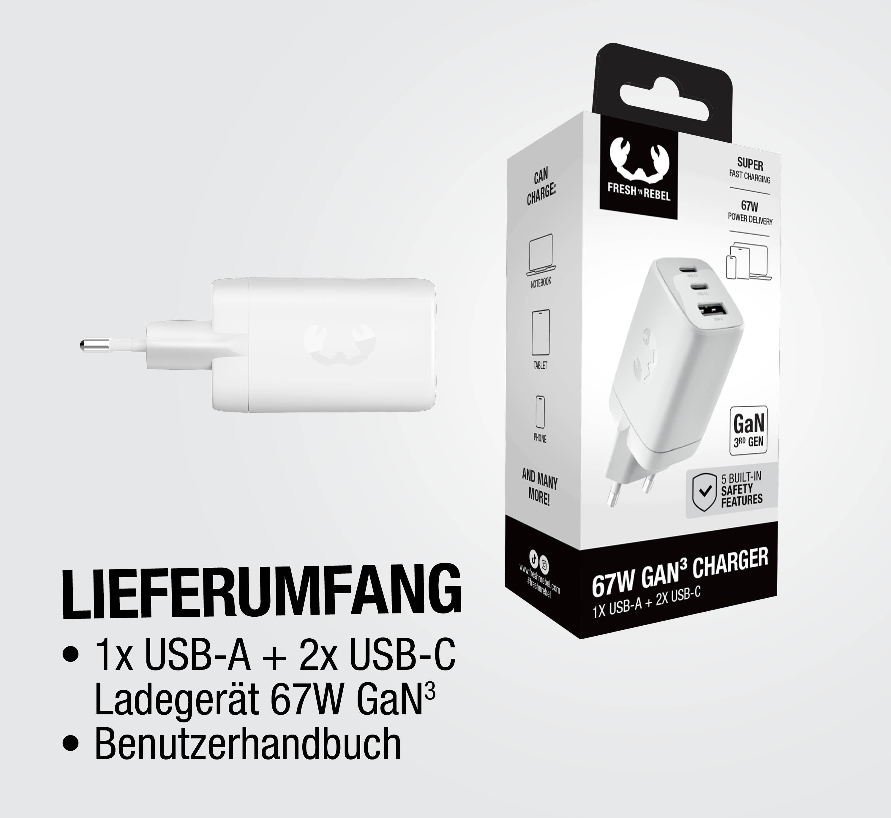 Weier 67W GaN3 Ladeger mit USB-A und 2x USB-C Anschlssen.
