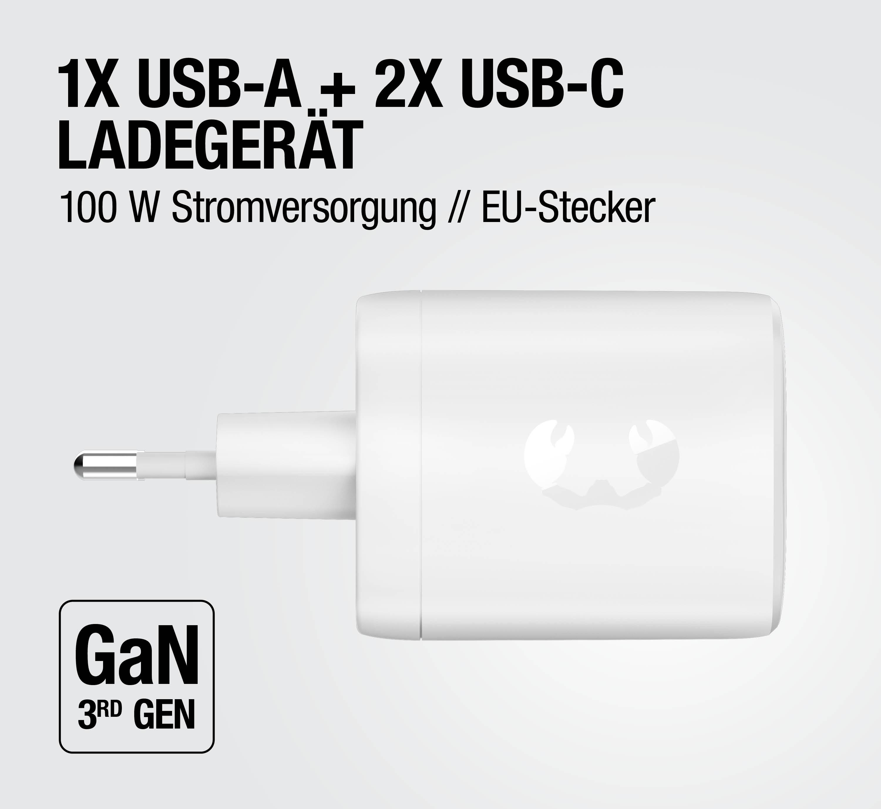 Weißes Ladegerät mit 1x USB-A, 2x USB-C, 100W, EU-Stecker, GaN 3rd Gen