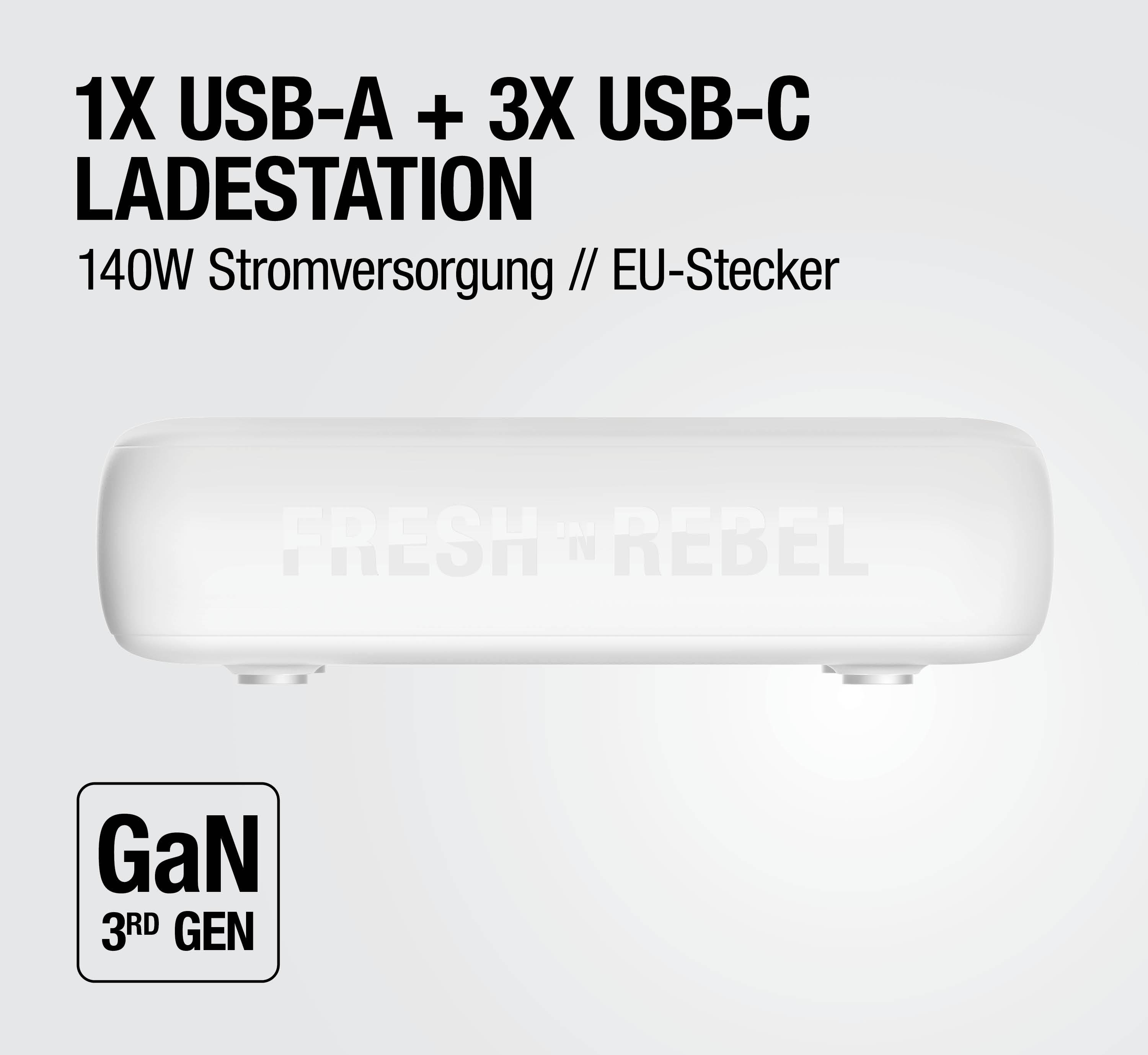 Weißes 140W GaN 3. Gen Ladegerät mit 1 USB-A & 3 USB-C Ports. EU Stecker.