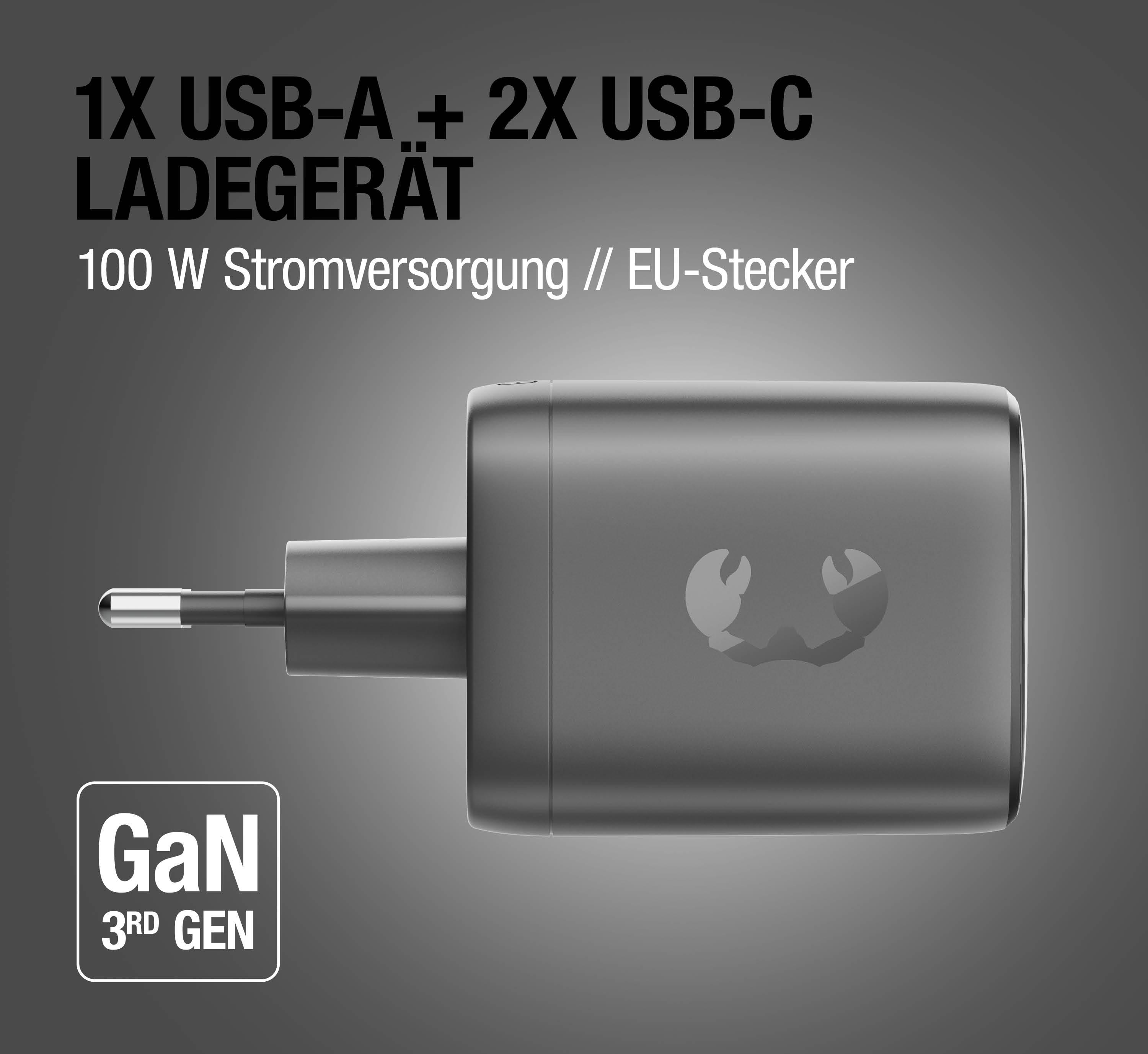 Ein grauer 100W GaN 3rd Gen Ladegerät mit 1x USB-A und 2x USB-C Anschlüssen.