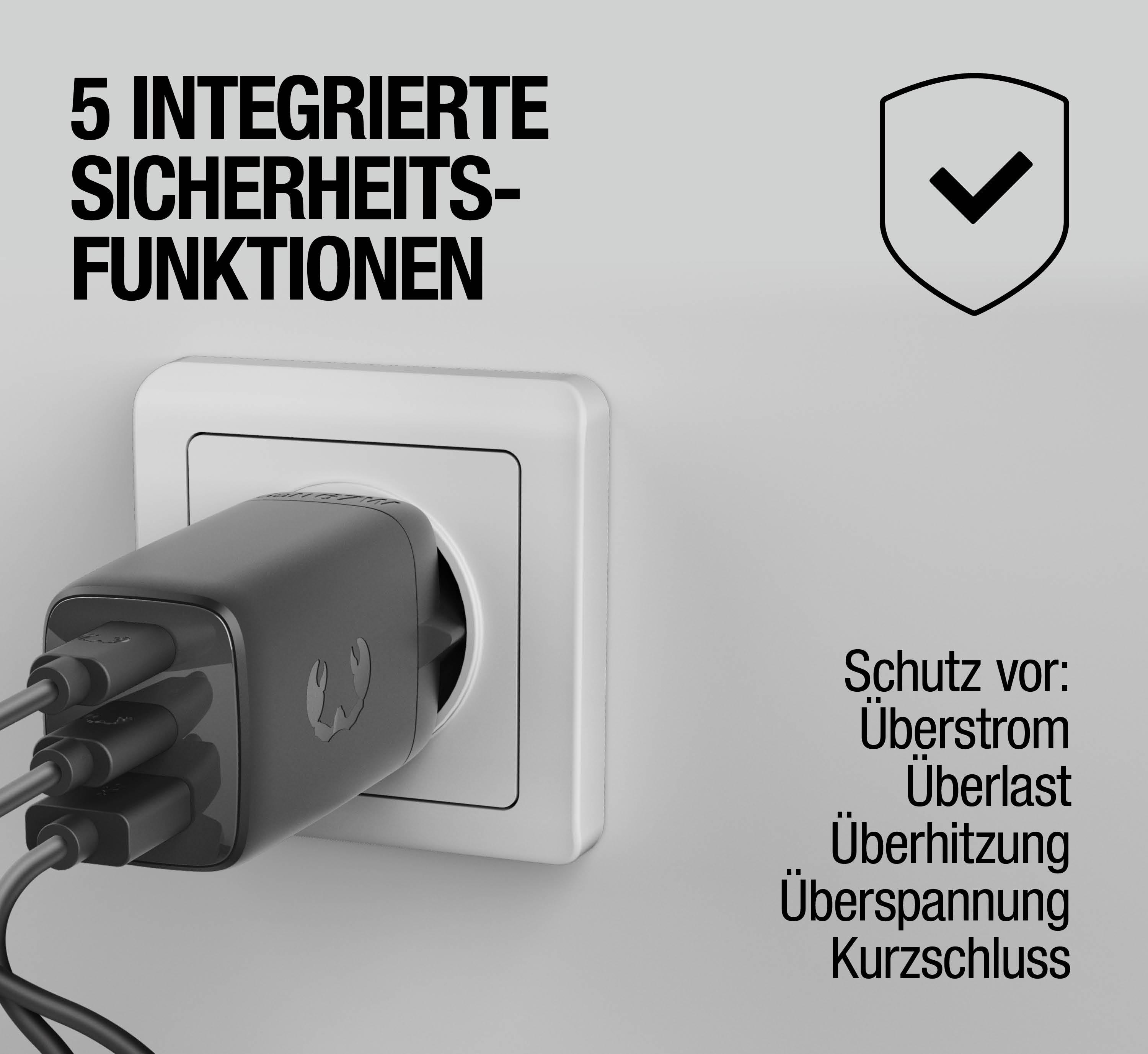 Ein schwarzes Ladegerät steckt in einer Steckdose. Text: 5 integrierte Sicherheitsfunktionen.