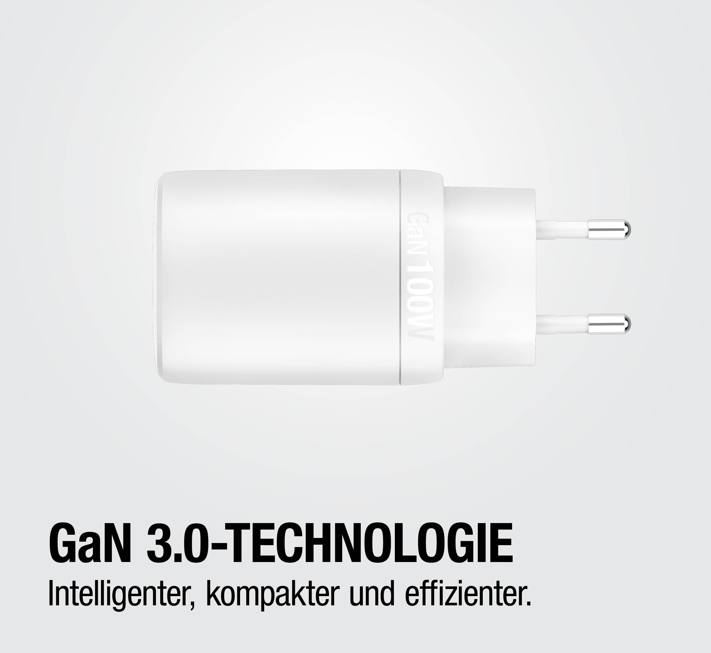 Ein weißer GaN 100W Ladestecker mit zwei silbernen Stiften.