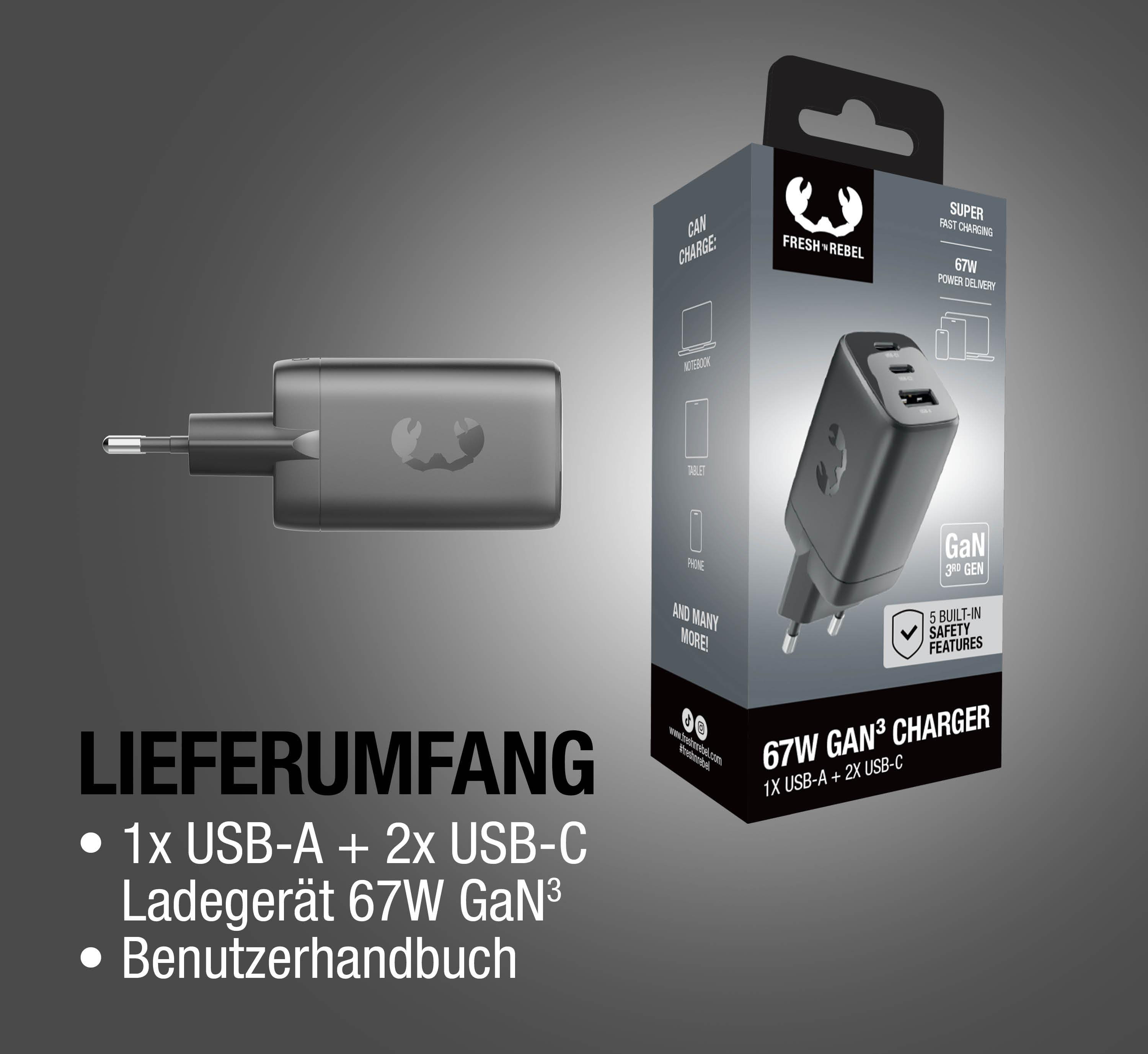 Ein grauer 67W GaN³ Ladegerät mit 1x USB-A & 2x USB-C Anschlüssen.