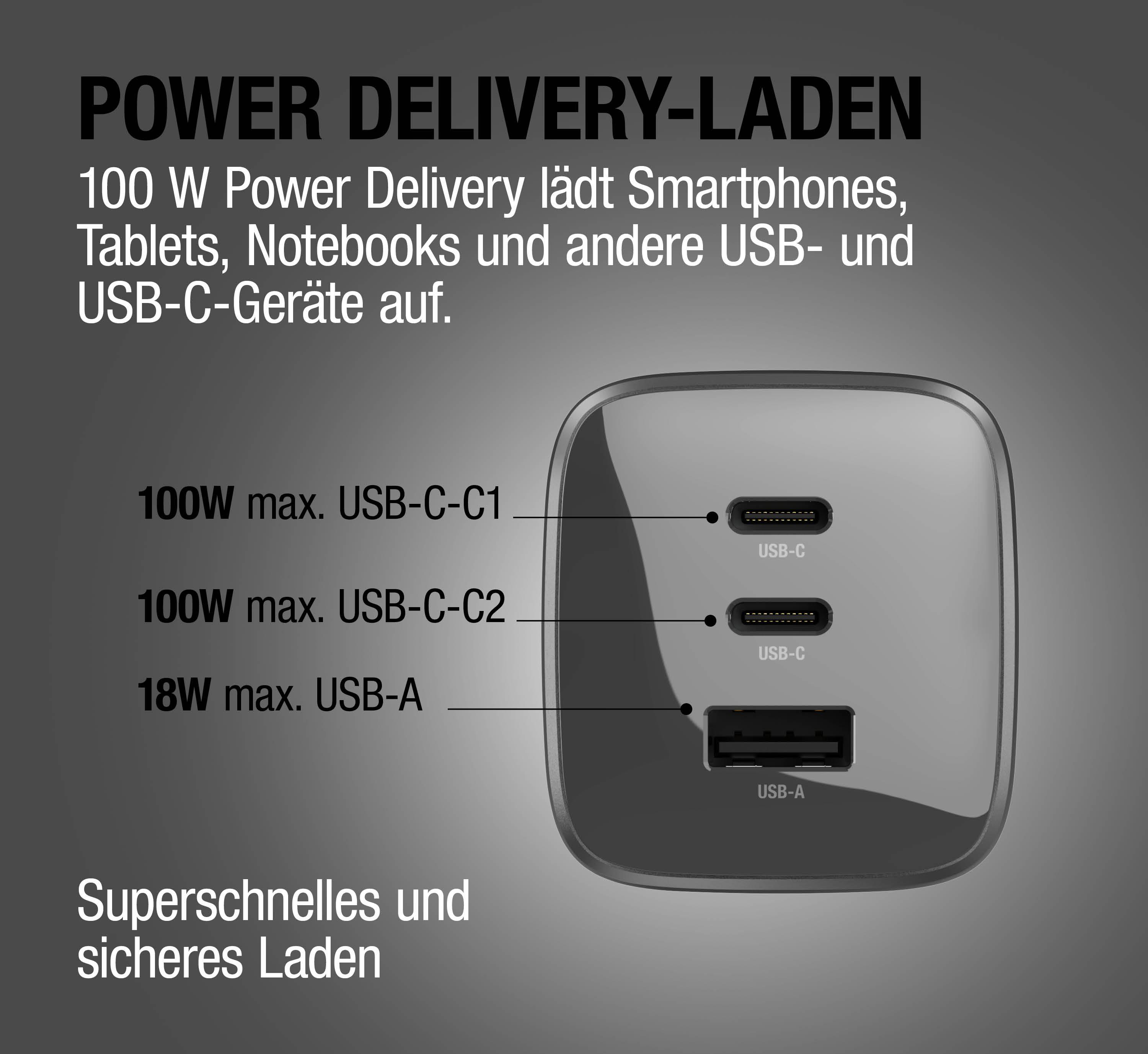Ein schwarzer USB-C-Ladegerät mit zwei USB-C und einem USB-A Anschluss.