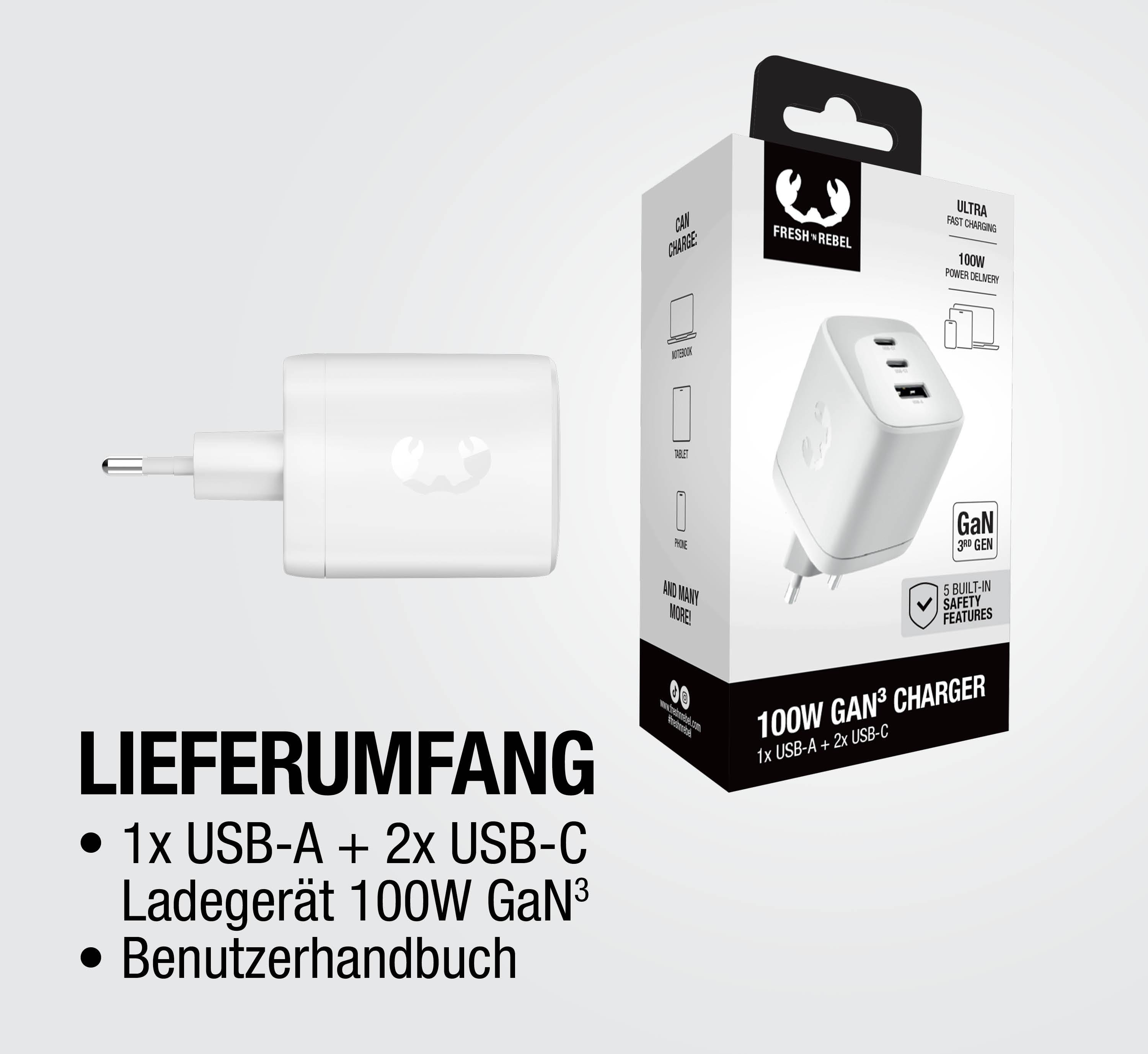 Ein weißes 100W GaN3 Ladegerät mit USB-A und 2x USB-C Anschlüssen.