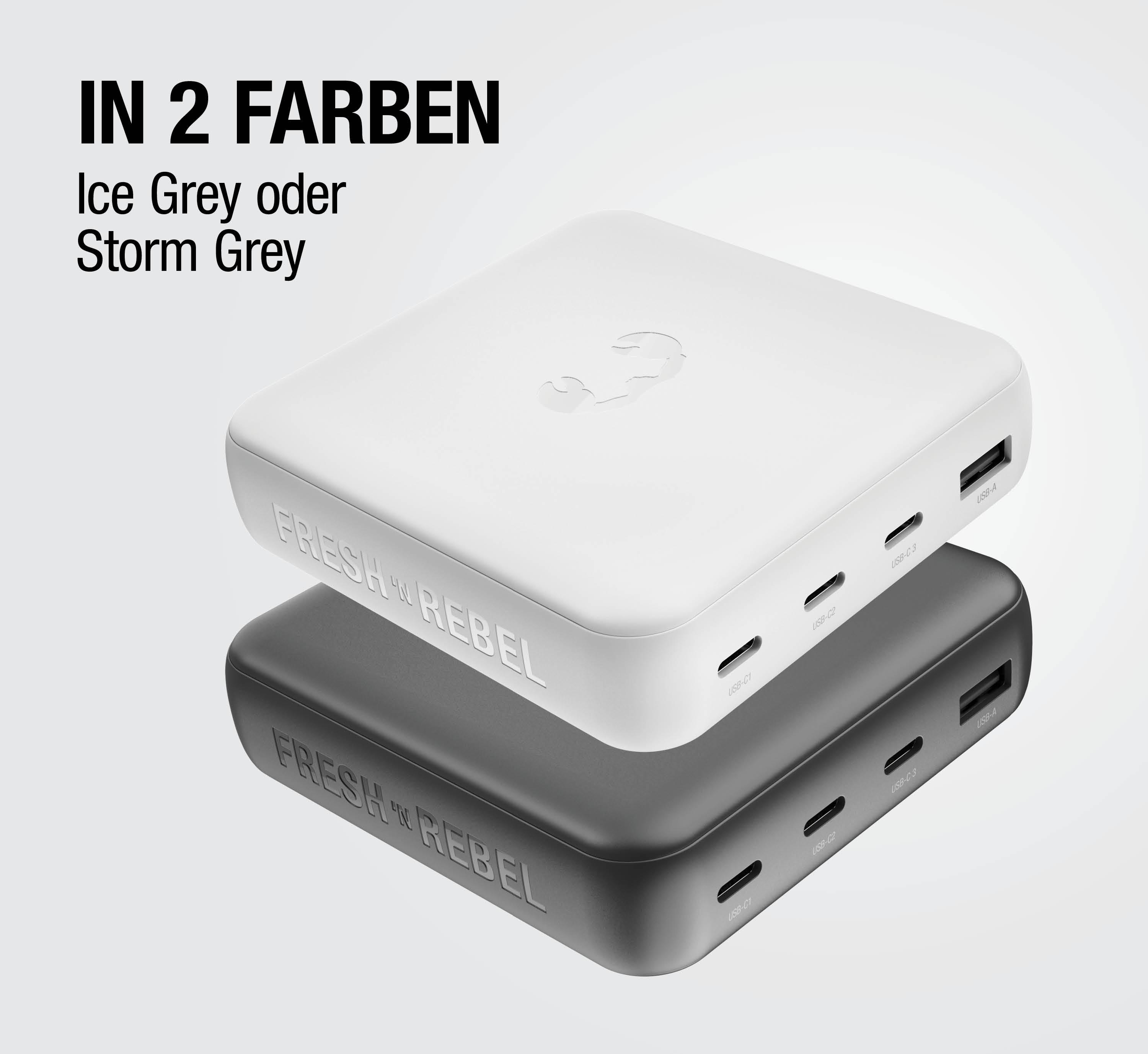 Zwei Fresh&Rebel Powerbanks, eine weiß und eine dunkelgrau, nebeneinander.