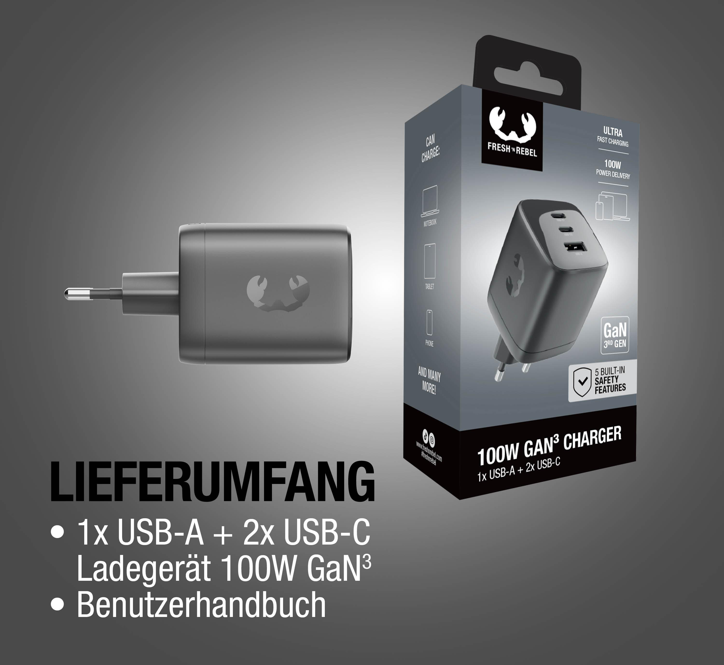 Ein graues 100W GaN3 Ladegerät mit einem USB-A und zwei USB-C Anschlüssen.