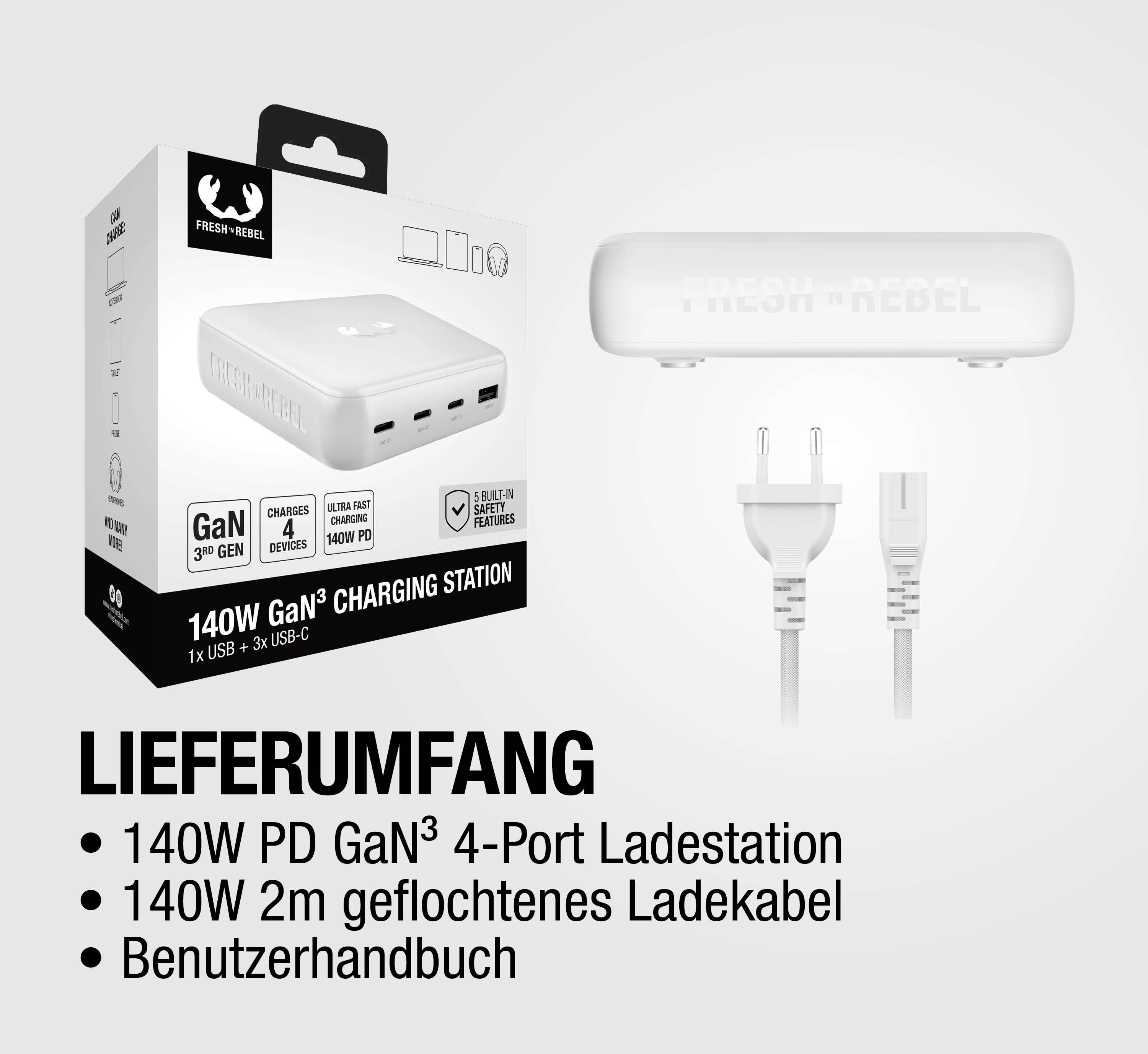 Weiße 140W GaN3 Ladestation mit USB-C- und USB-A-Anschlüssen und Netzkabel.