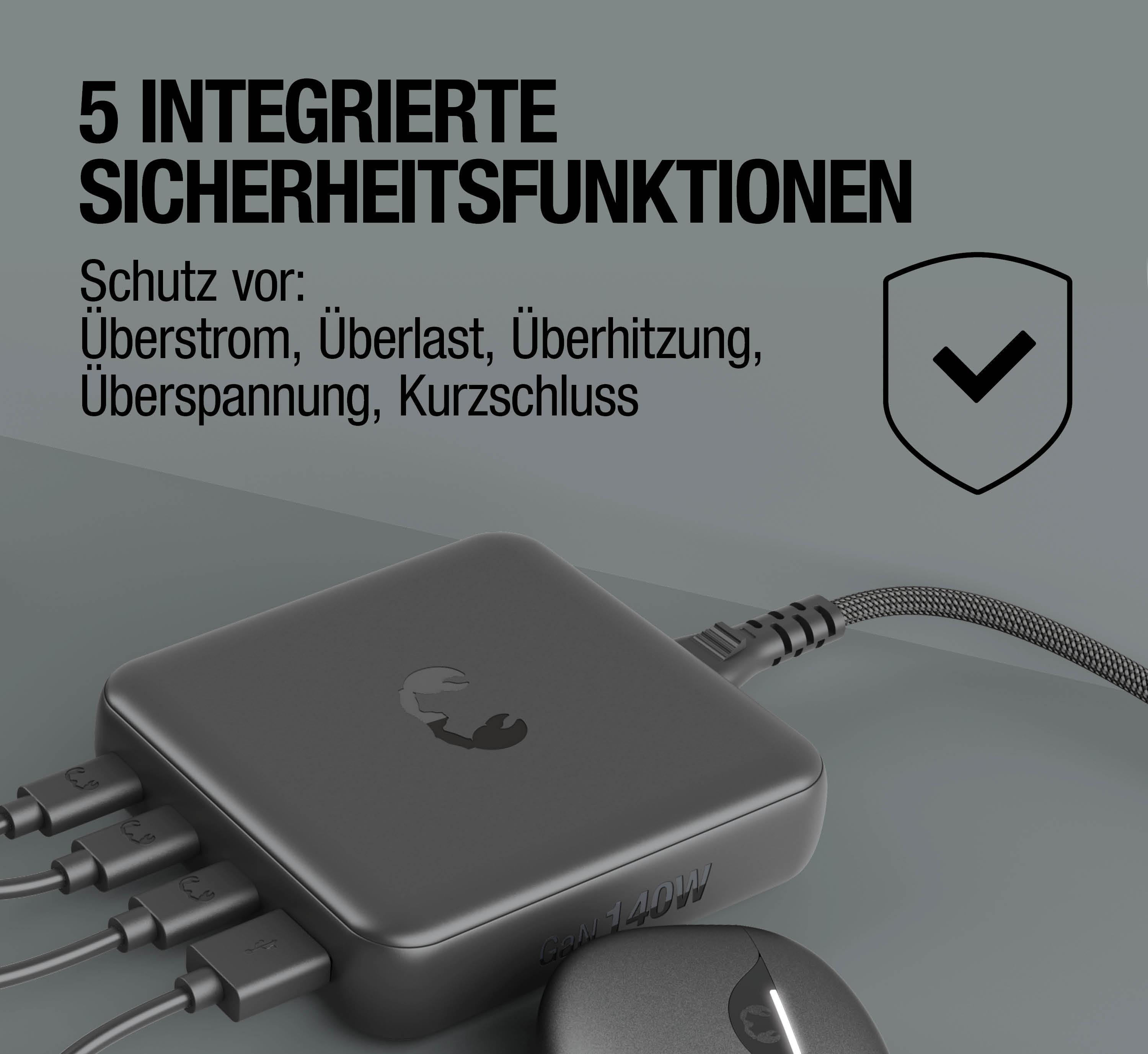 Schwarzer Ladegerät mit 4 USB-C-Anschlüssen und 140W GaN-Technologie.