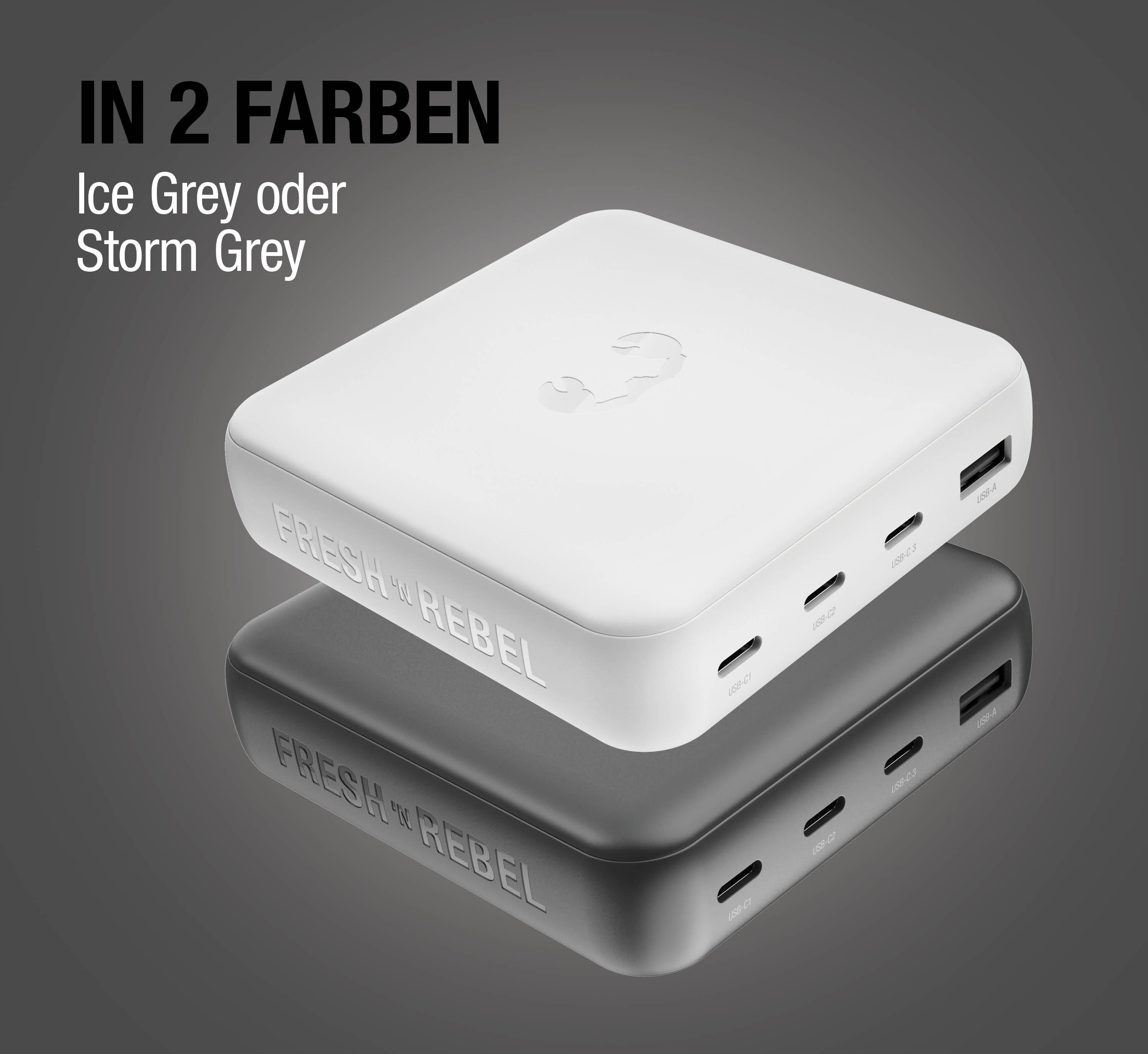 Zwei FRESH REBEL Powerbanks in Ice Grey und Storm Grey mit USB-Anschlüssen.