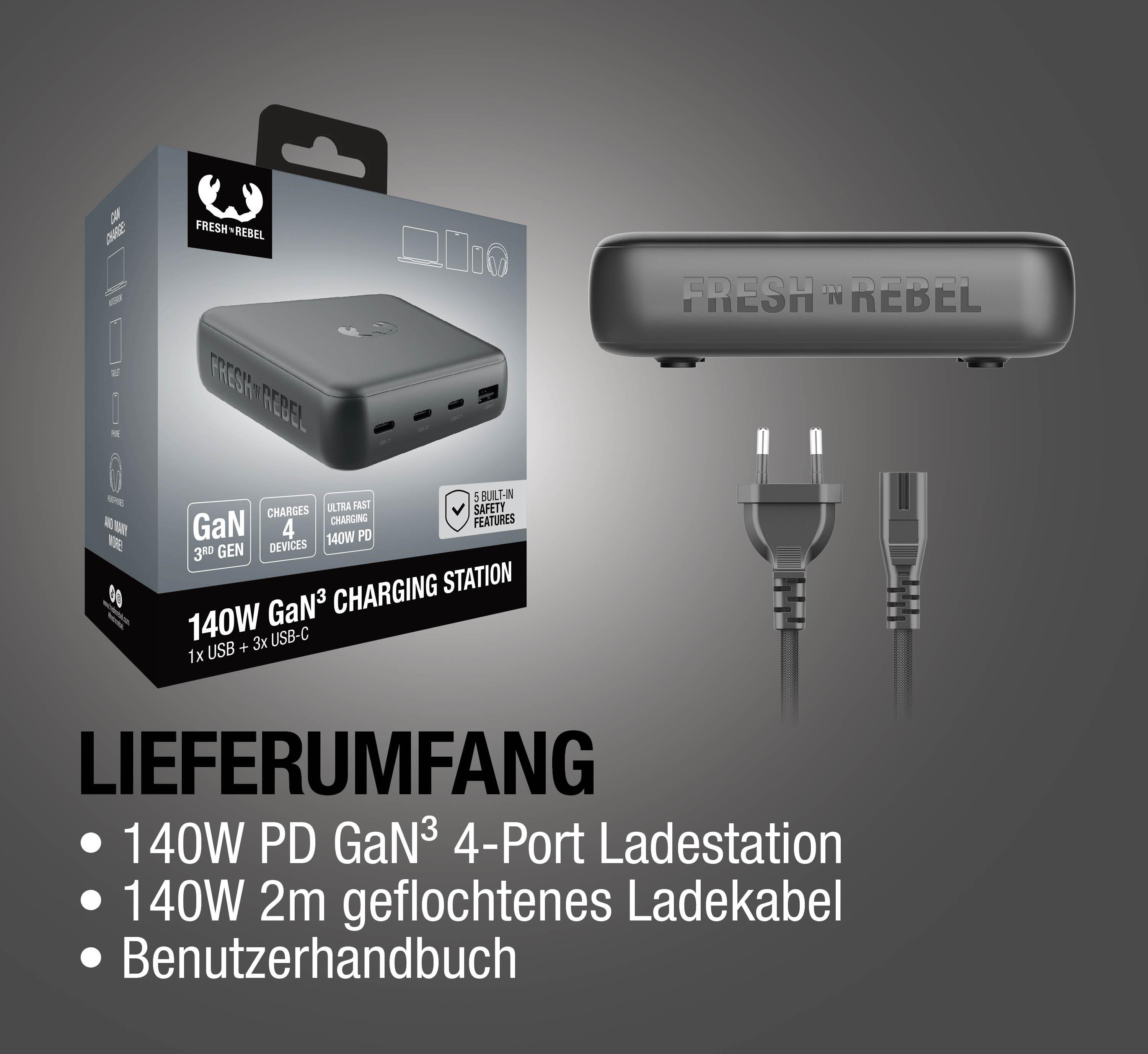 140W GaN Ladestation mit 4 Ports, Ladekabel und Stecker.