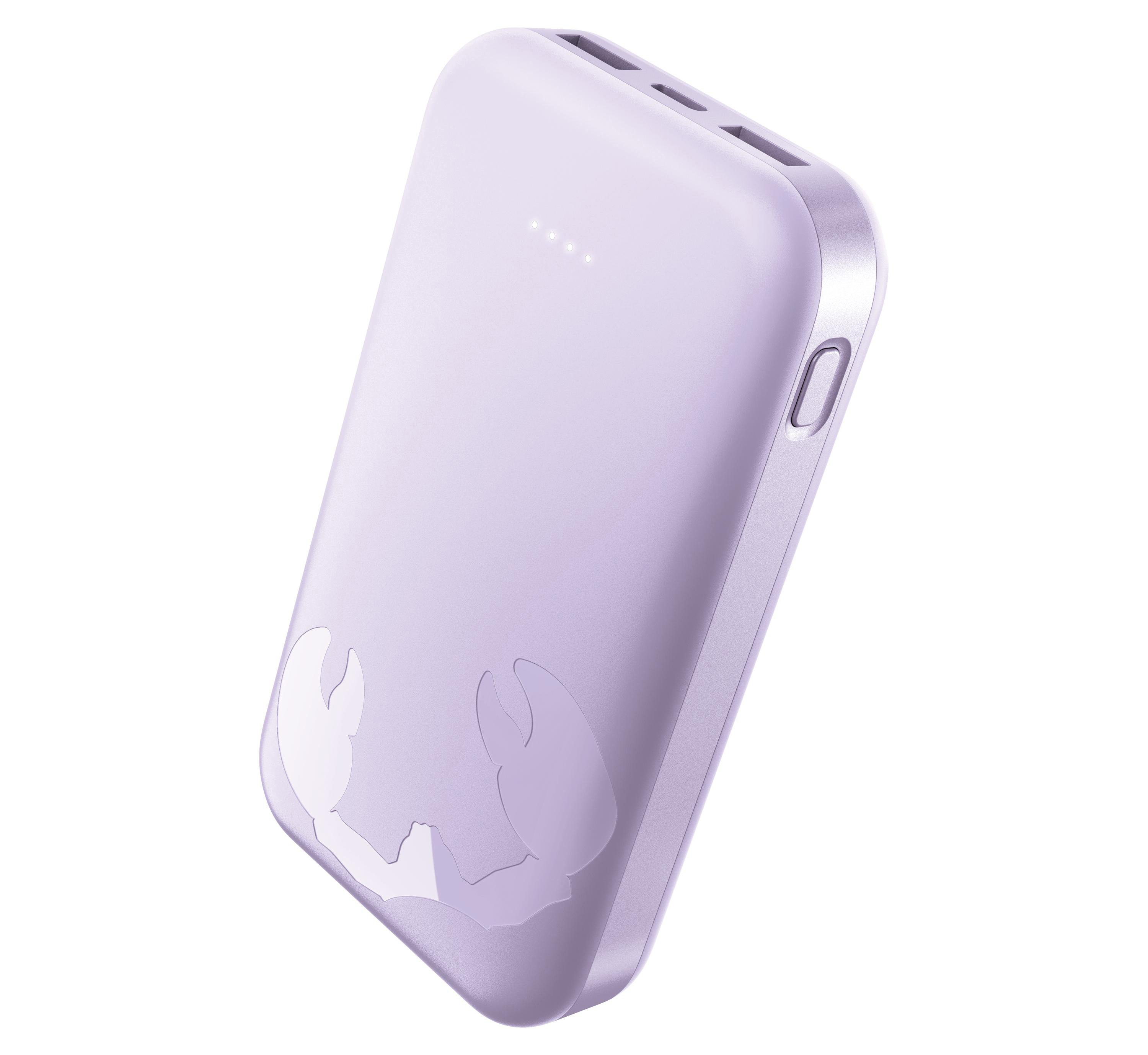 Ein lavendelfarbener Powerbank mit vier Lichtern und einem silbernen Rand.