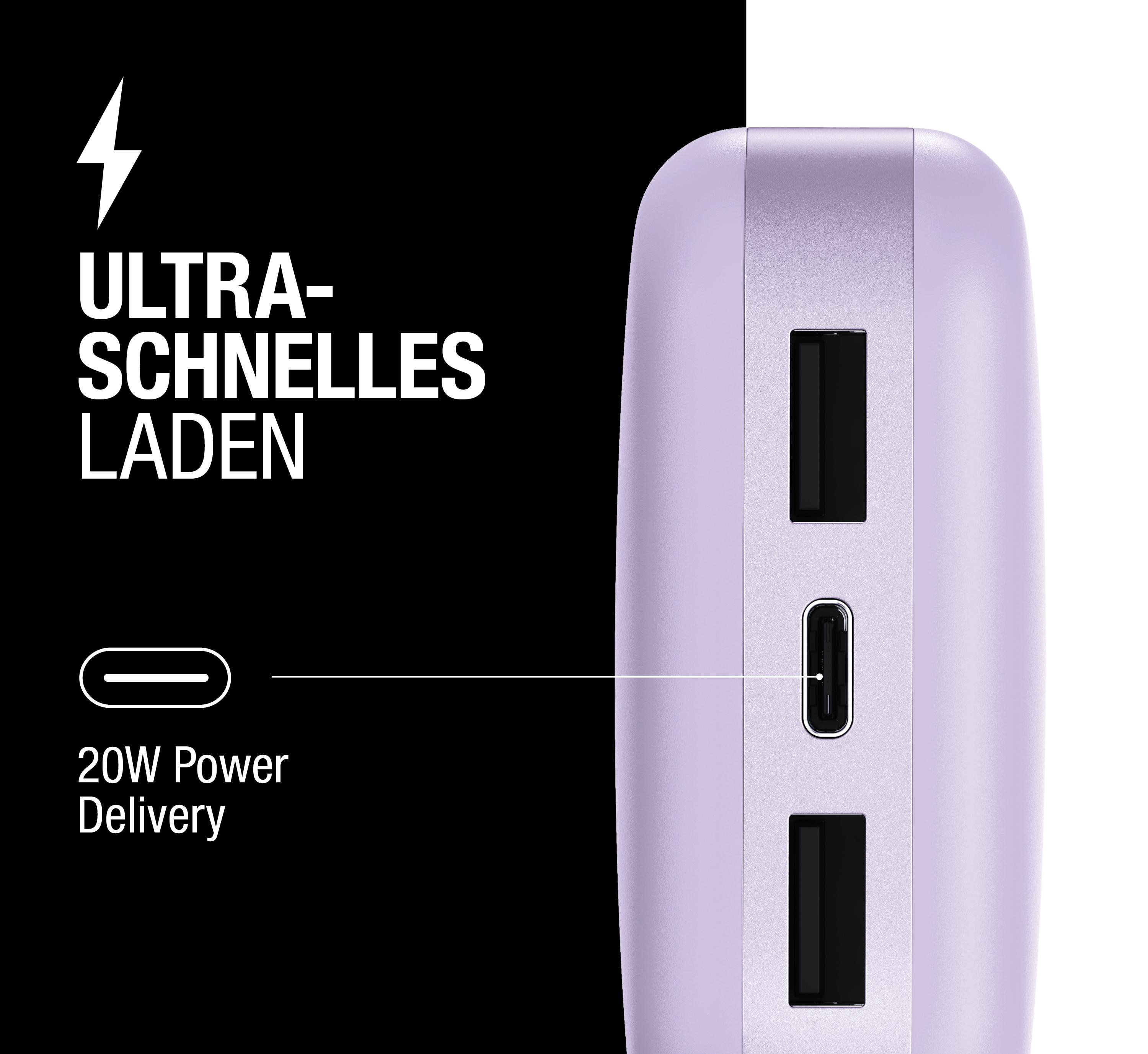 Ein lila Powerbank mit USB-A und USB-C Anschlüssen. Beschriftung: Ultra-Schnelles Laden.