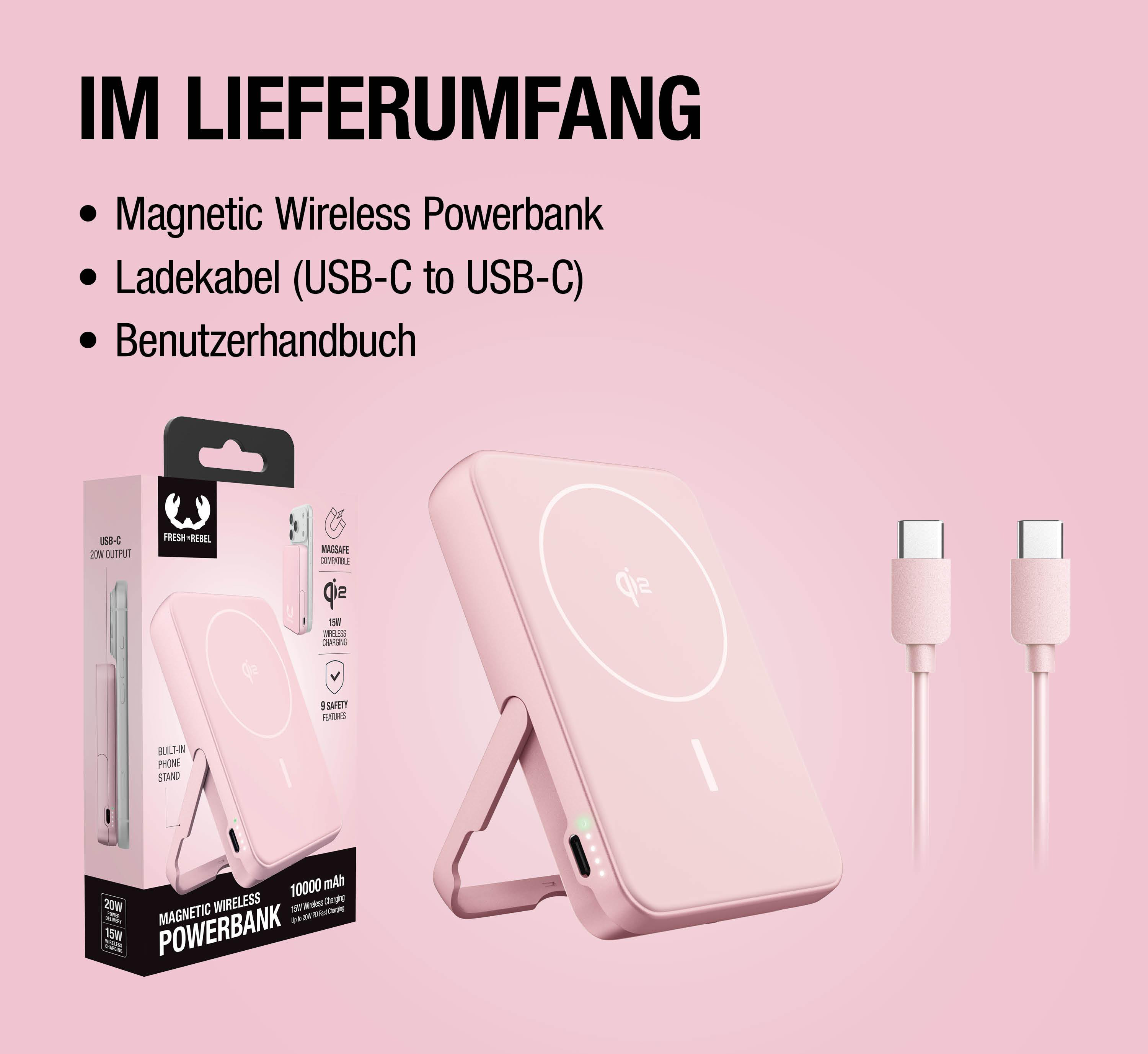 Ein rosa MagSafe Powerbank mit integriertem Ständer und zwei USB-C-Kabeln.