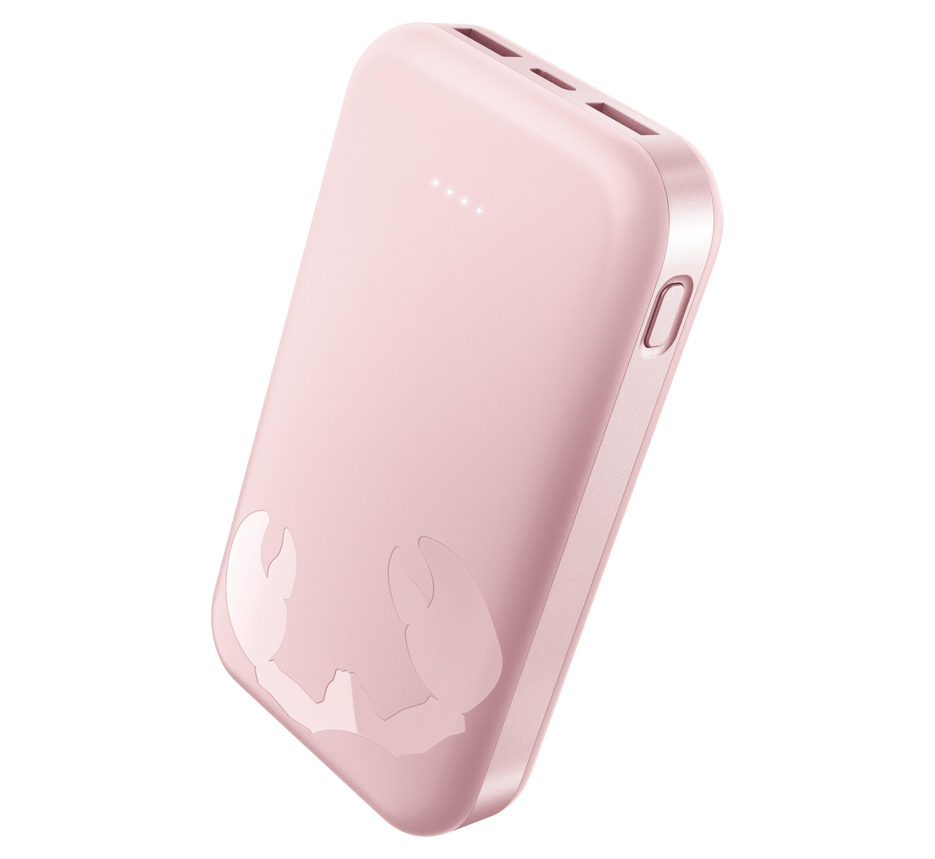Ein rosafarbener Powerbank mit einem Krebsdesign und Ladeanzeige.
