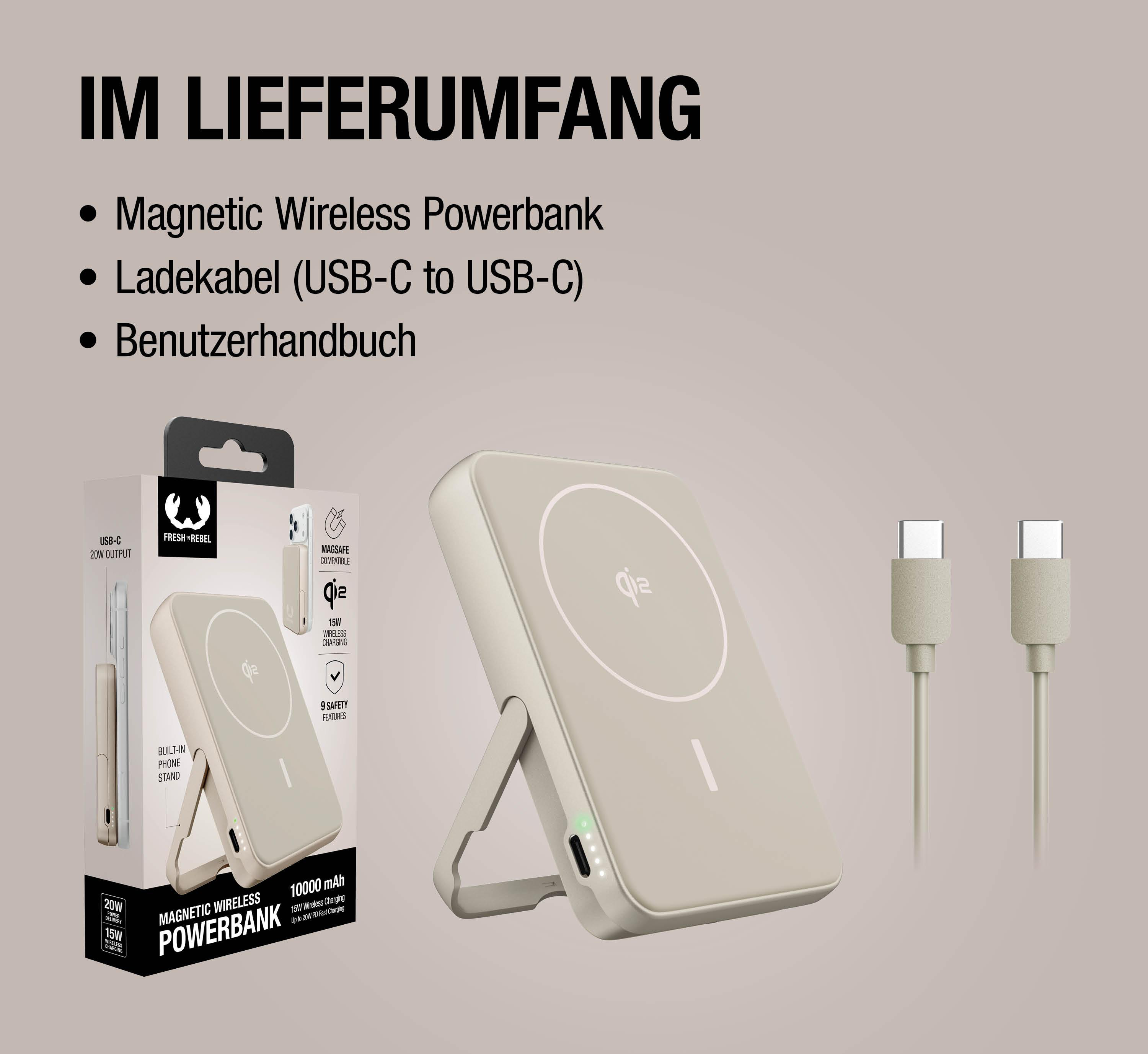 Ein beigefarbener magnetischer Wireless Powerbank mit Ständer und zwei USB-C-Kabeln.