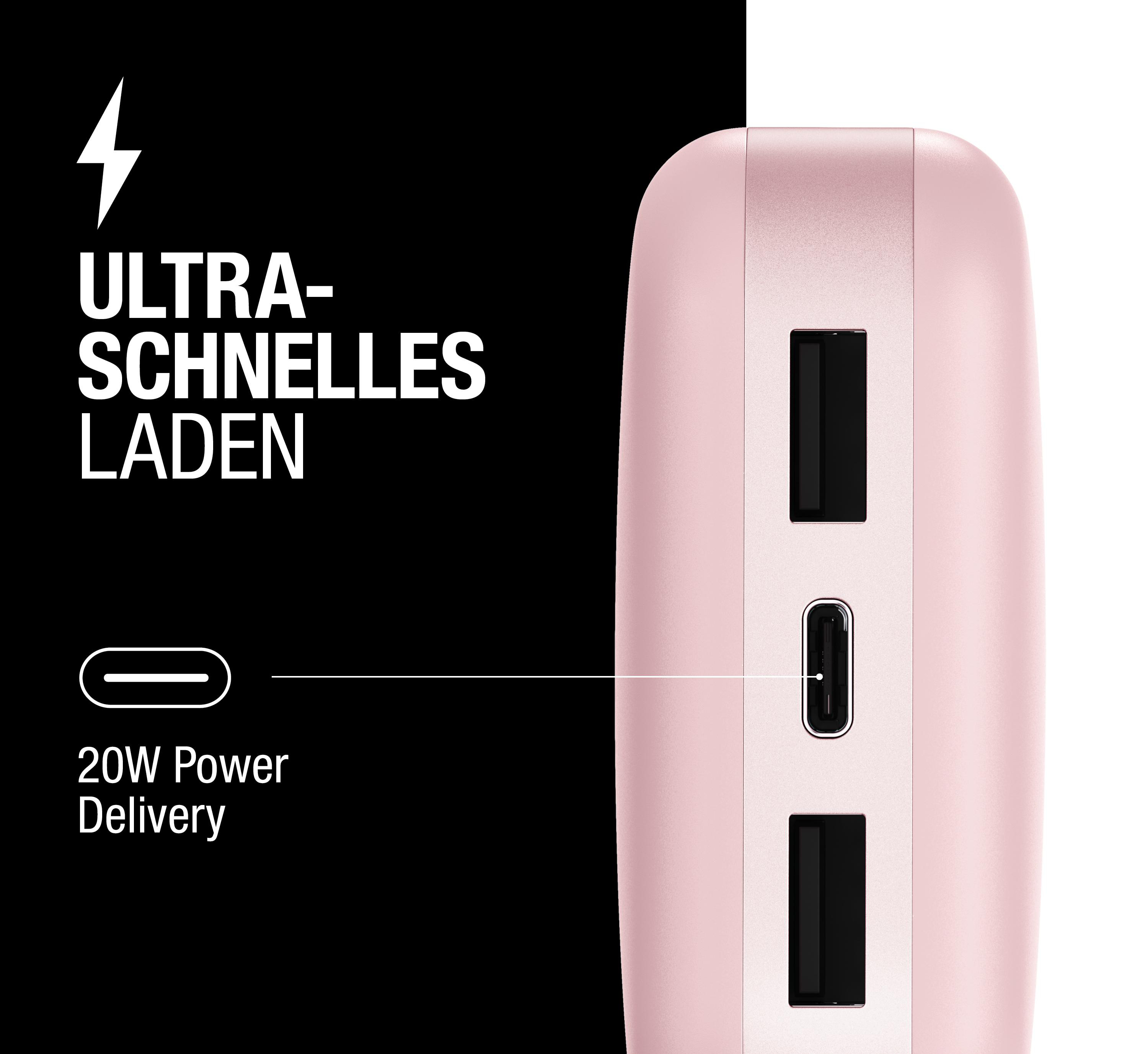 Ein rosafarbenes Ladegerät mit USB-C und USB-A Anschlüssen.