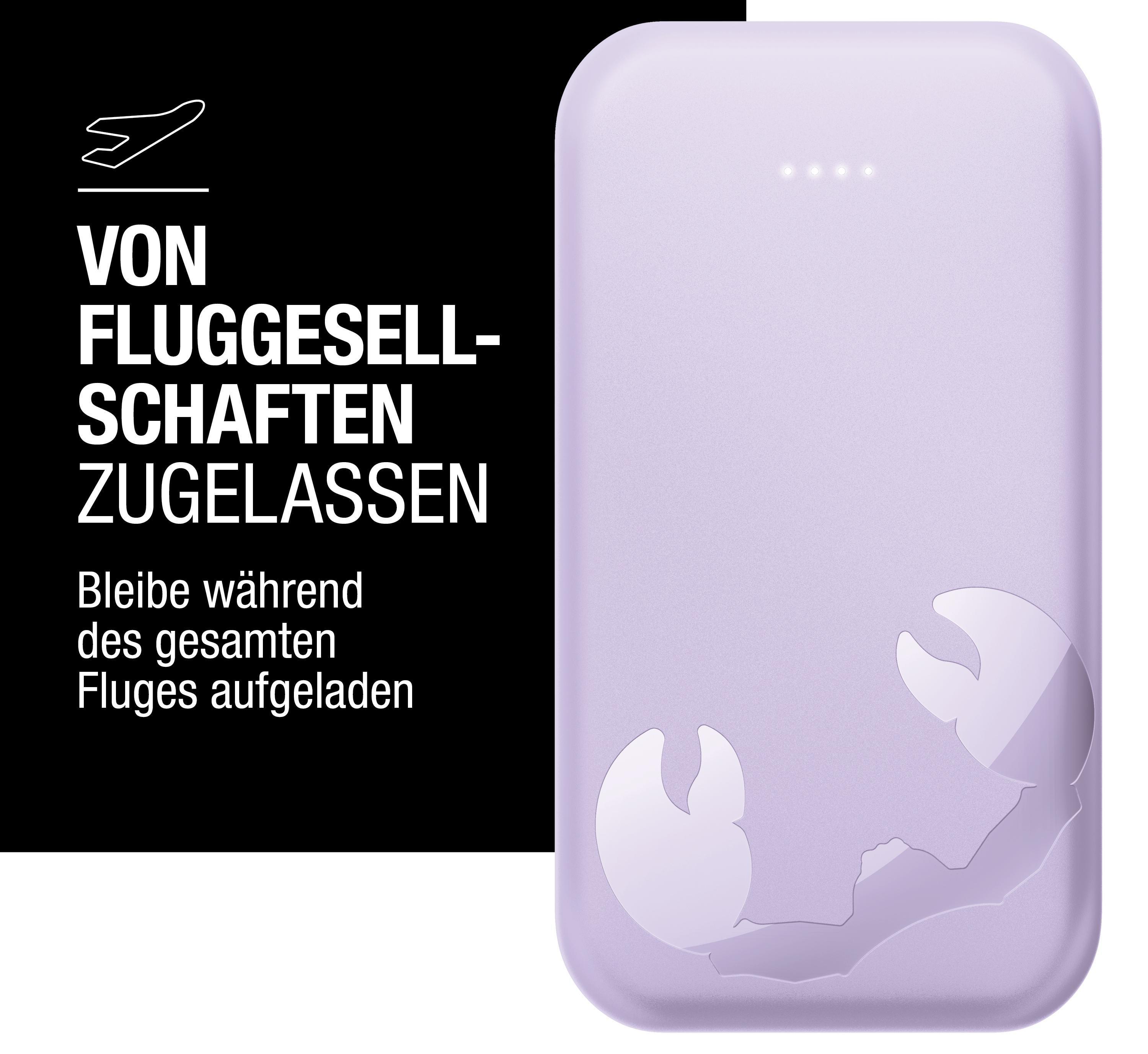 Ein lila Powerbank mit Flugzeugsymbol und Text.