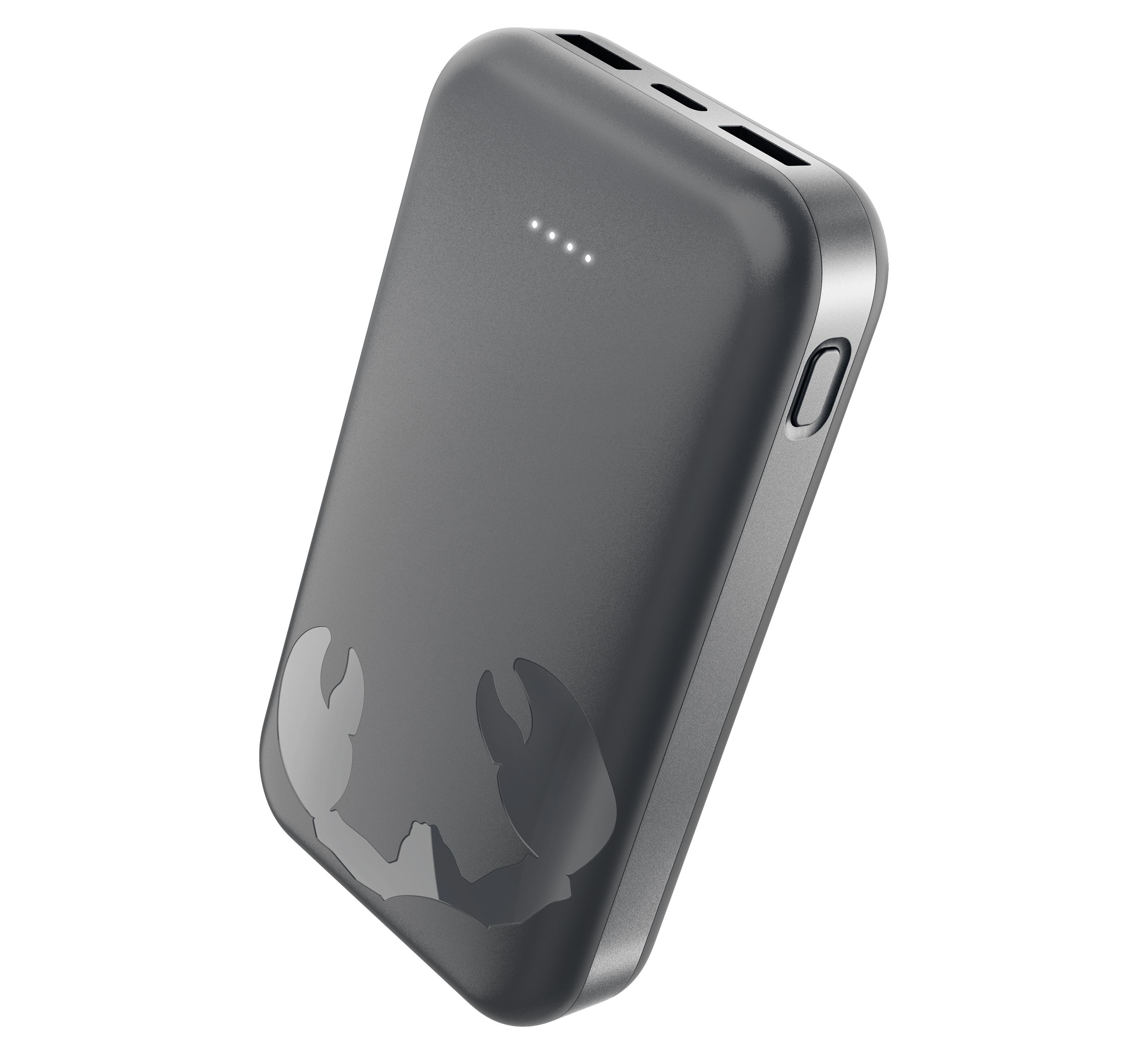 Grauer Powerbank mit Glanz-Logo und Ladeanzeige.