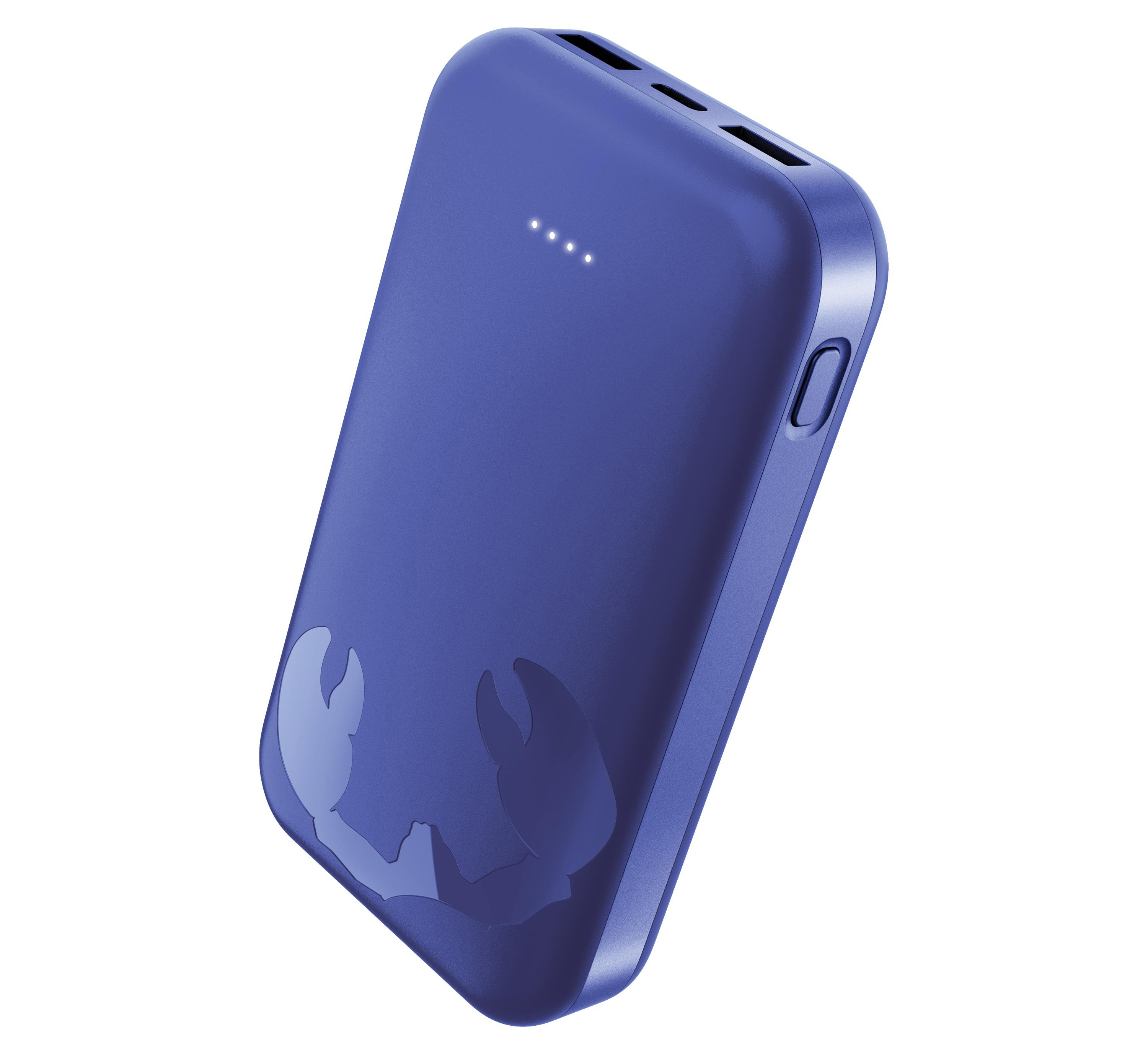 Eine blaue Powerbank mit Krabbenmotiv und vier leuchtenden Punkten.