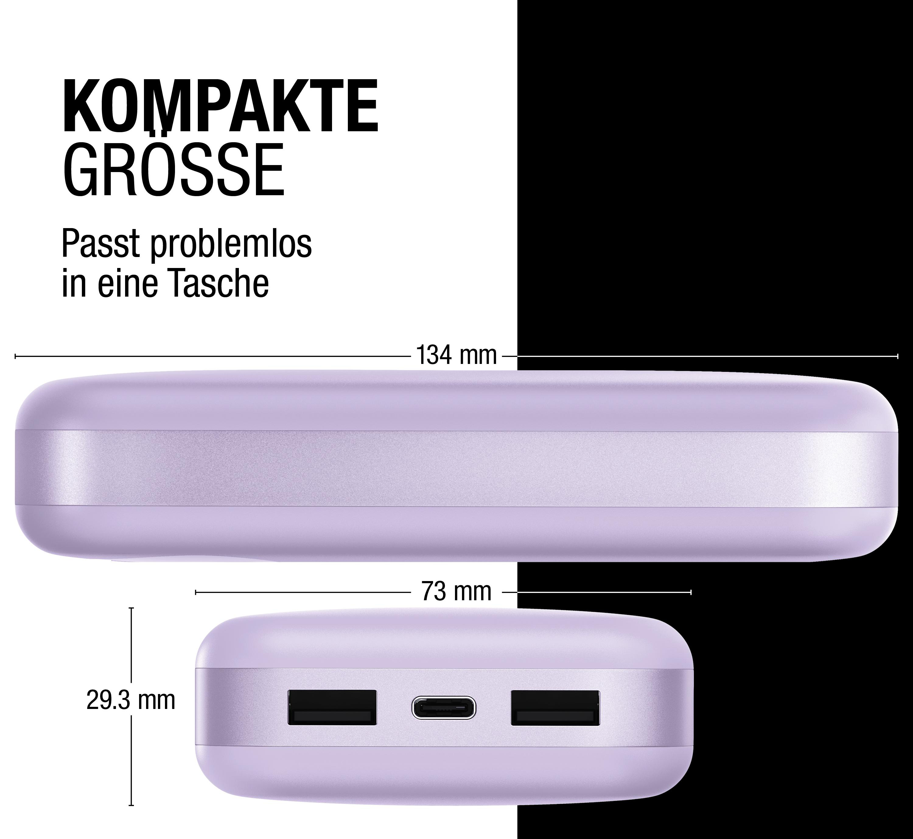 Ein lila Powerbank mit zwei USB-Anschlüssen und einem USB-C-Anschluss.