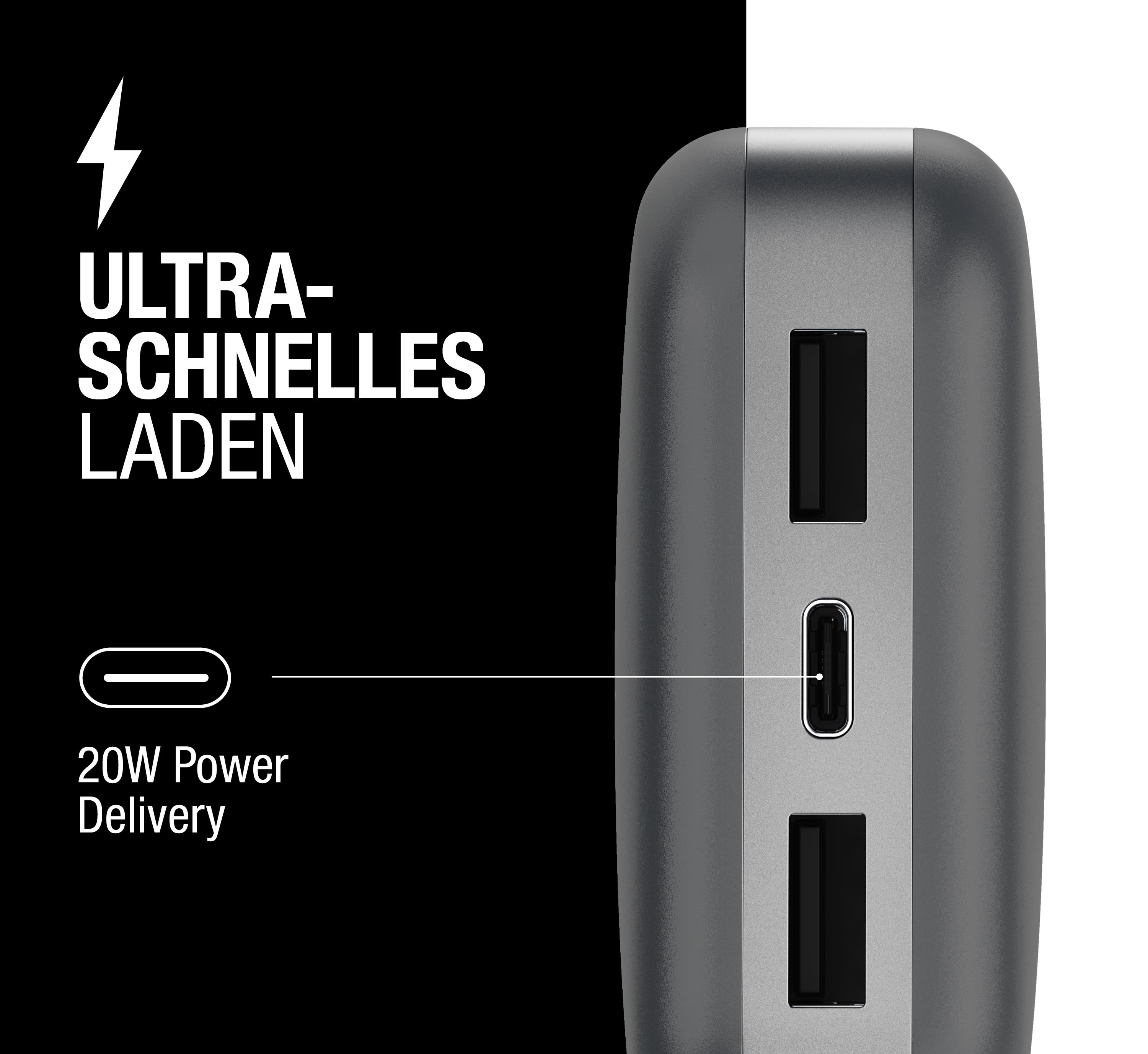 Grauer Powerbank mit USB-C und USB-A Ports, Blitz-Symbol, 20W
