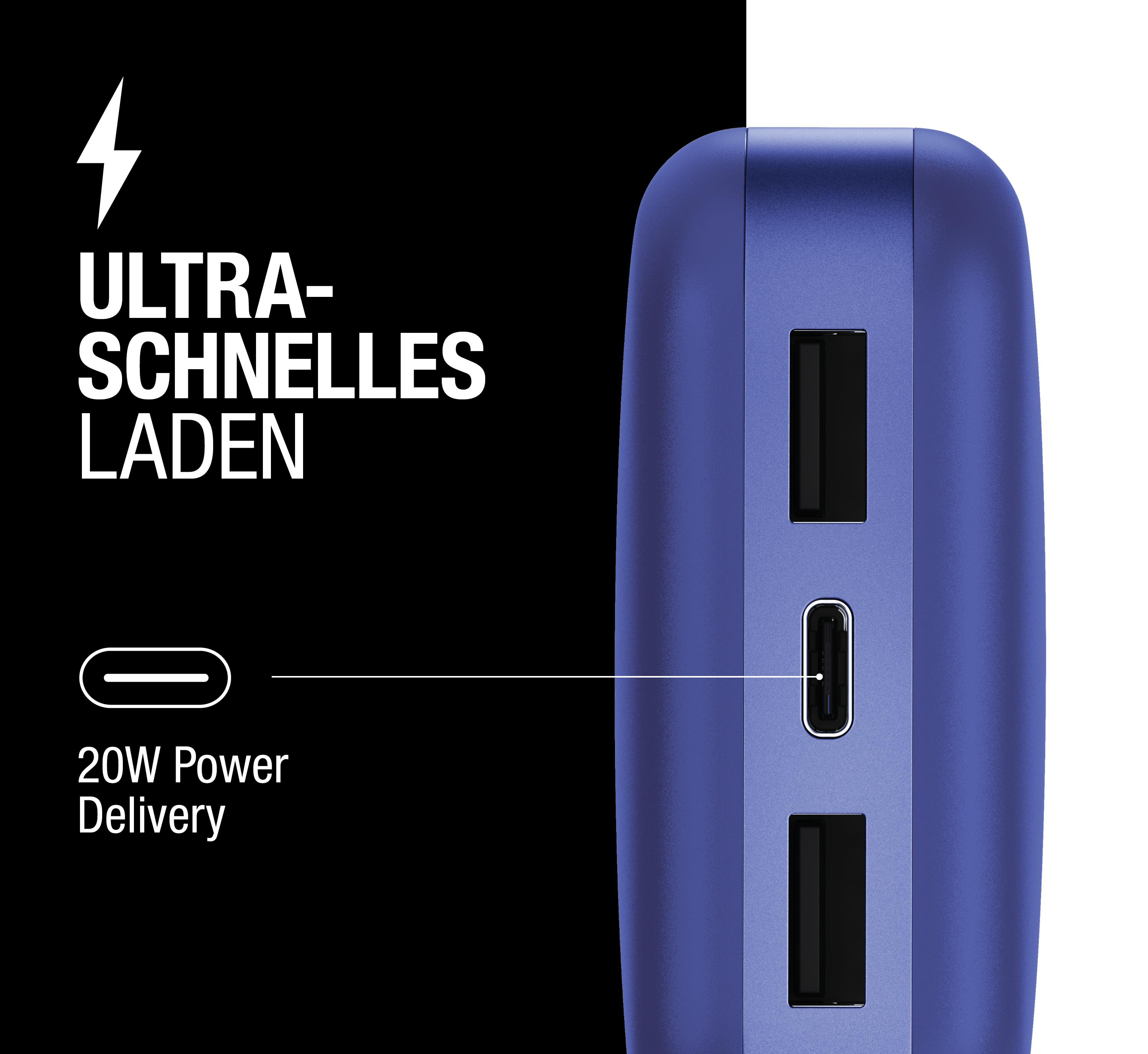 Ein lila Powerbank mit zwei USB-A- und einem USB-C-Anschluss.