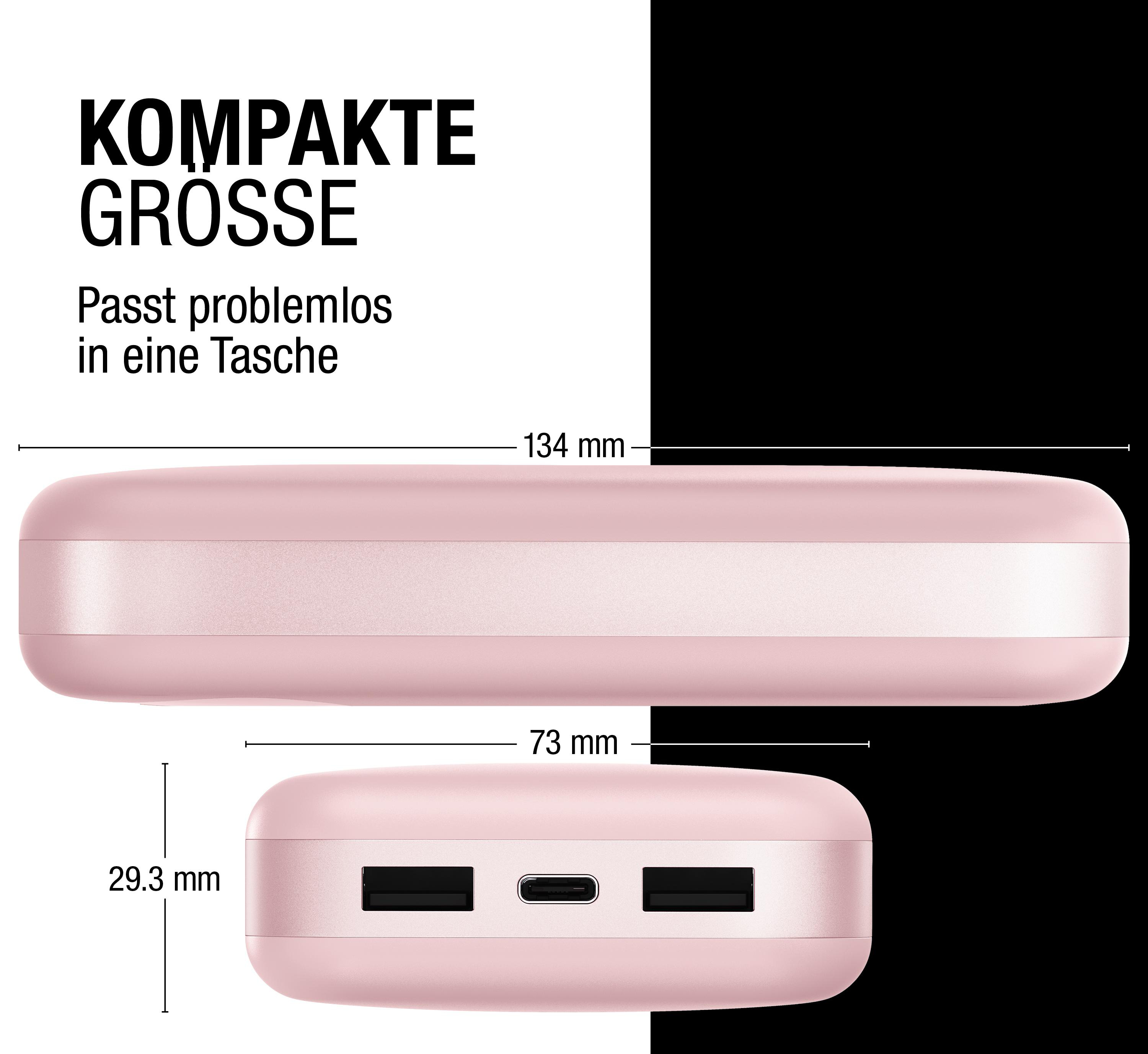 Ein rosafarbenes Powerbank-Gerät mit Maßen 134x73x29,3 mm.